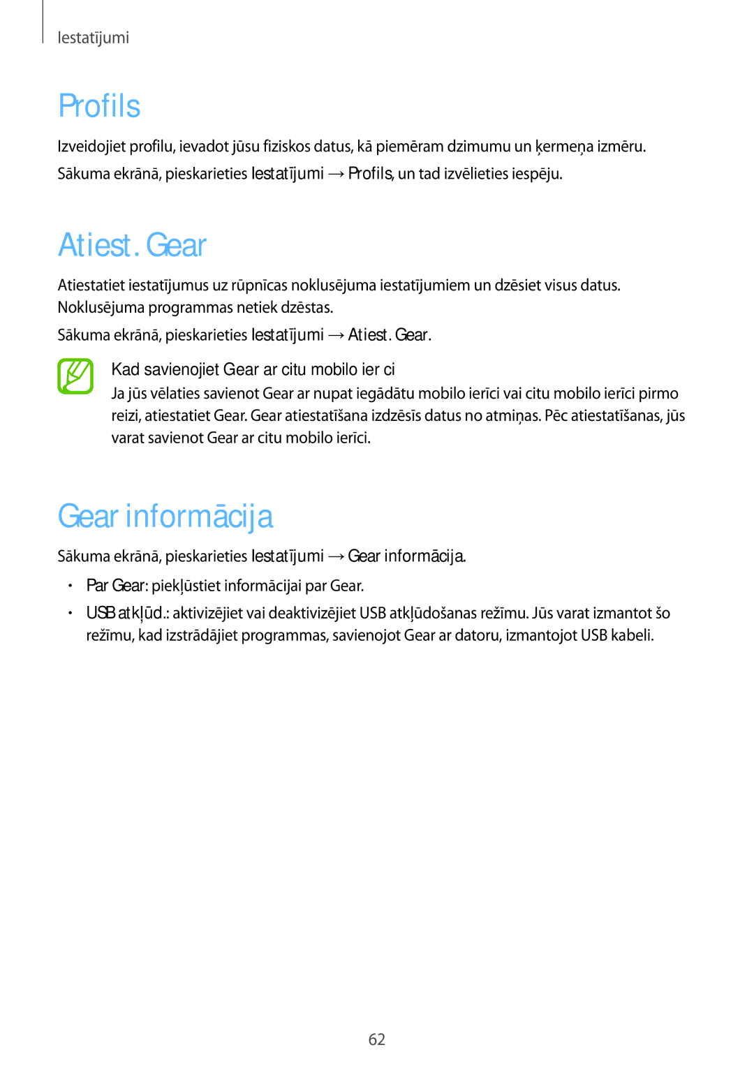 Samsung SM-R3810ZAASEB, SM-R3810ZKASEB, SM-R3810ZOASEB manual Profils, Atiest. Gear, Gear informācija 