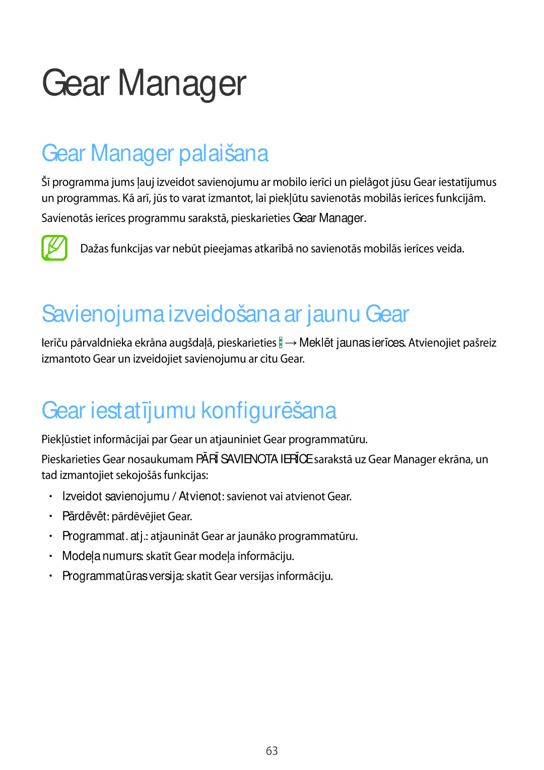 Samsung SM-R3810ZKASEB Gear Manager palaišana, Savienojuma izveidošana ar jaunu Gear, Gear iestatījumu konfigurēšana 