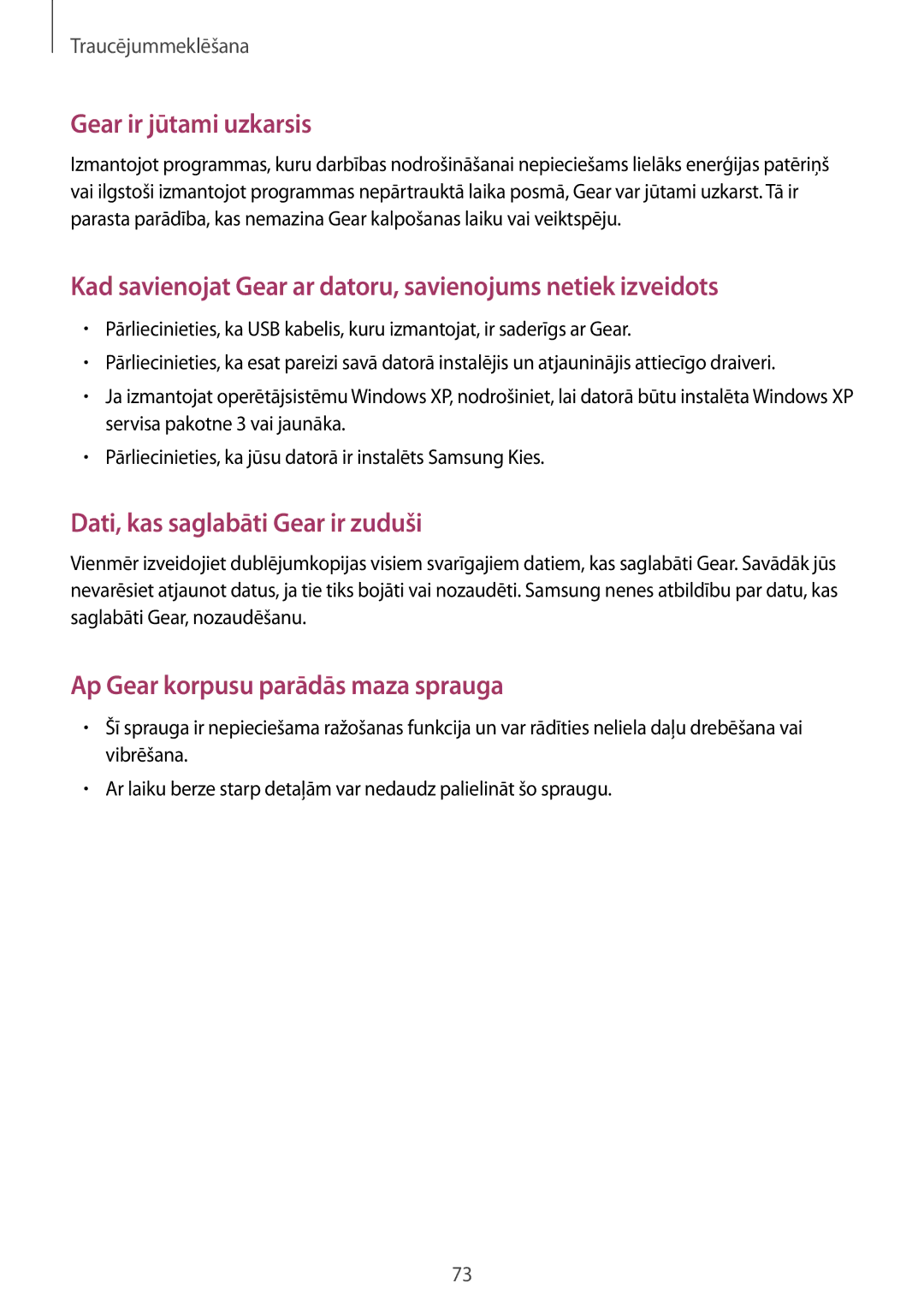 Samsung SM-R3810ZOASEB, SM-R3810ZKASEB, SM-R3810ZAASEB manual Gear ir jūtami uzkarsis 