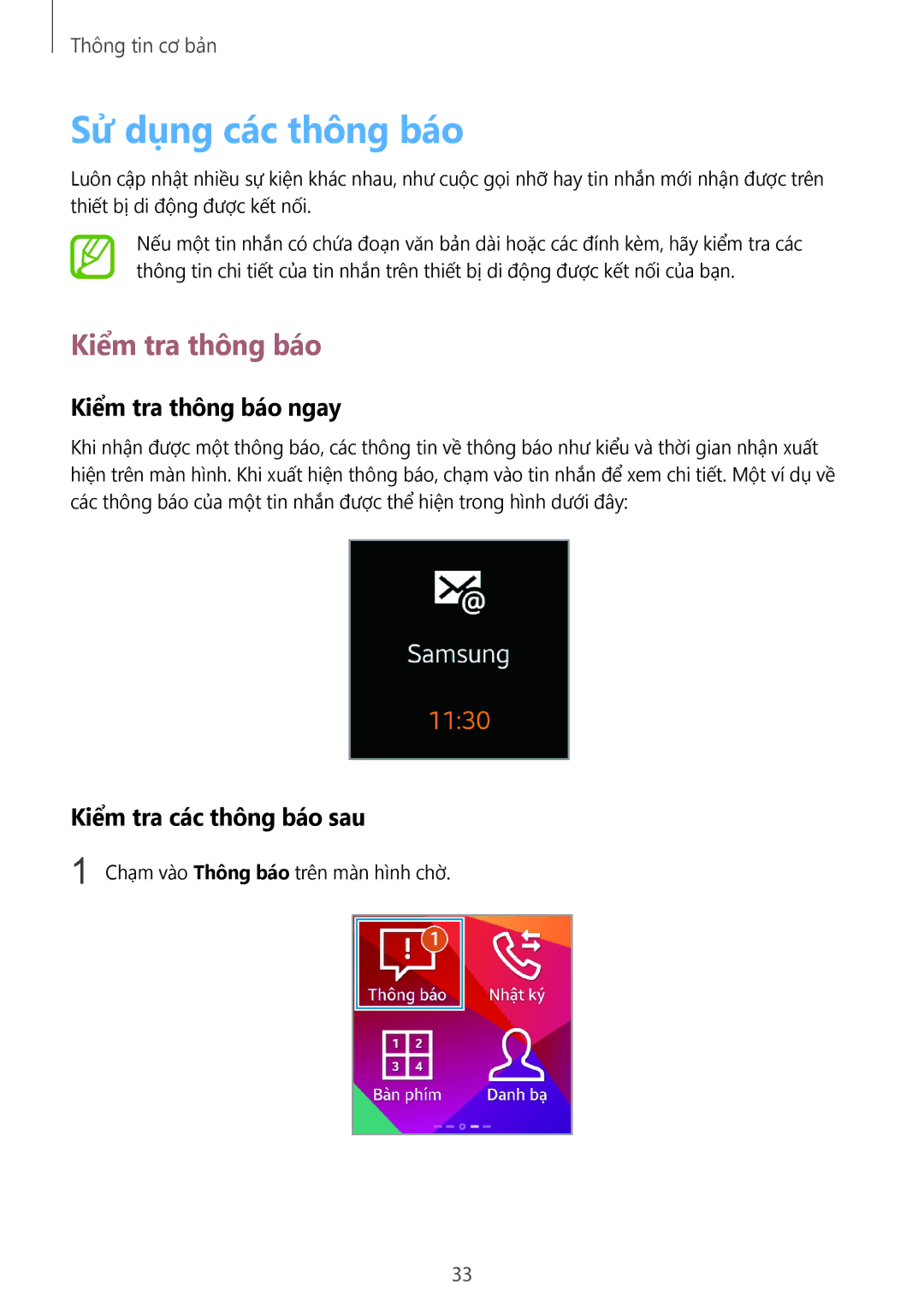 Samsung SM-R3810ZKAXXV manual Sử dụng các thông báo, Kiểm tra thông báo ngay, Kiểm tra các thông báo sau 
