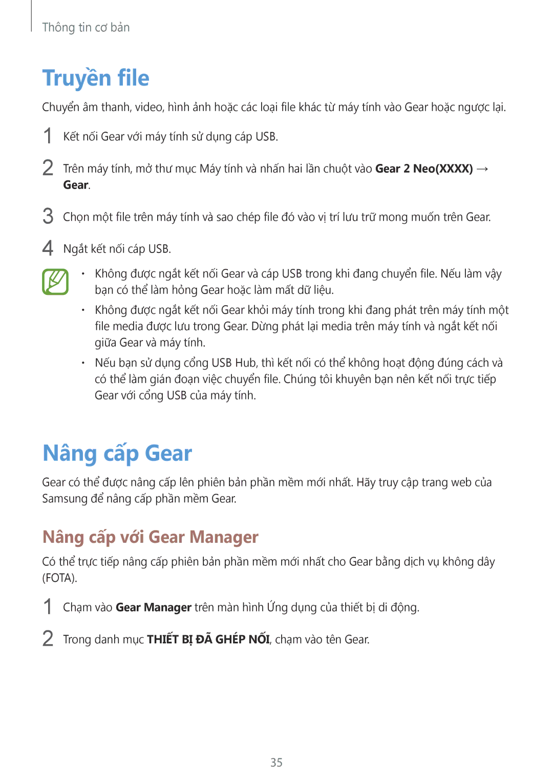 Samsung SM-R3810ZKAXXV manual Truyền file, Nâng cấp Gear, Nâng cấp với Gear Manager 