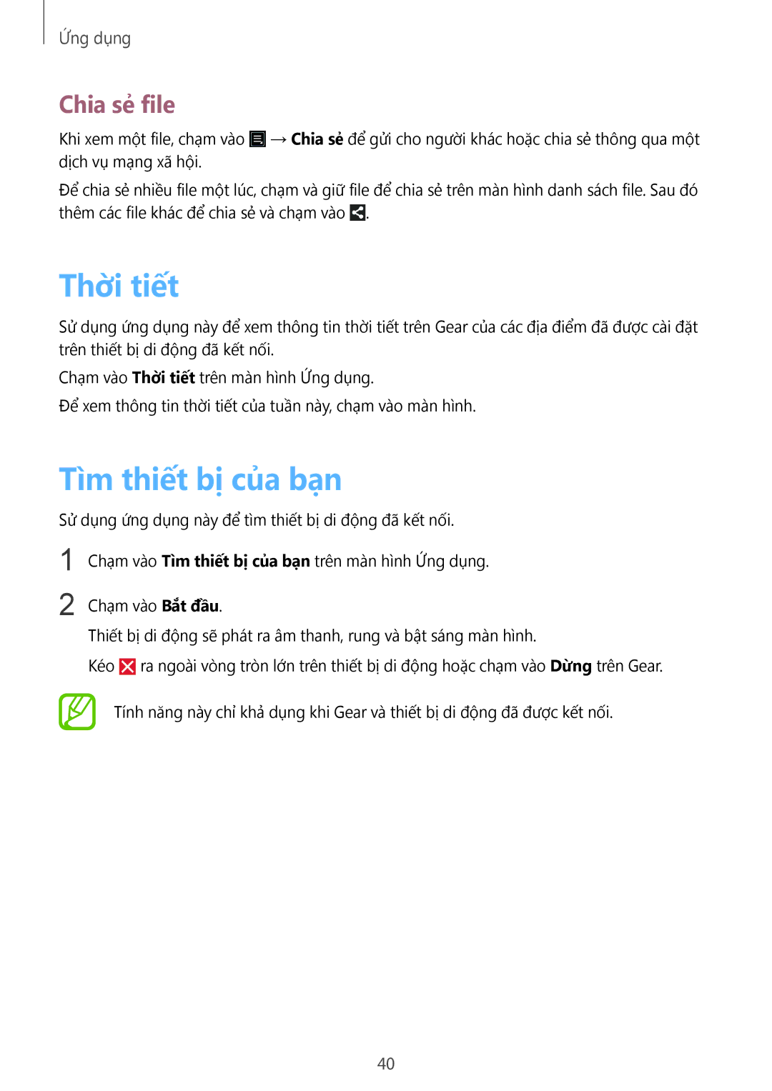 Samsung SM-R3810ZKAXXV manual Thời tiết, Tìm thiết bị của bạn, Chia sẻ file 