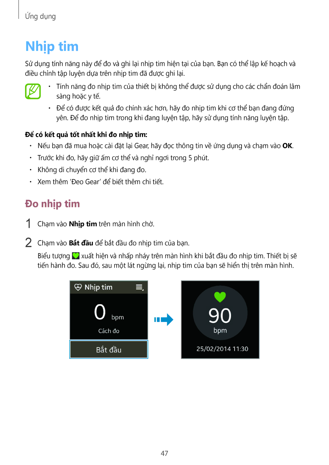 Samsung SM-R3810ZKAXXV manual Nhịp tim, Đo nhịp tim, Để có kết quả tốt nhất khi đo nhịp tim 