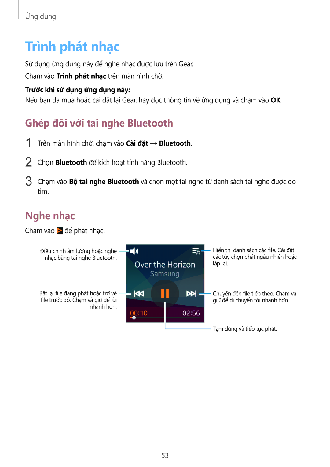 Samsung SM-R3810ZKAXXV manual Trình phát nhạc, Ghép đôi với tai nghe Bluetooth, Nghe nhạc 