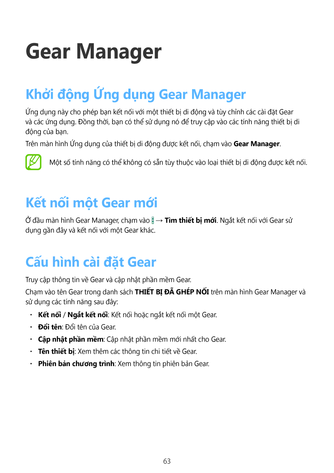 Samsung SM-R3810ZKAXXV manual Khởi động Ứng dụng Gear Manager, Kết nối một Gear mới, Cấu hình cài đặt Gear 