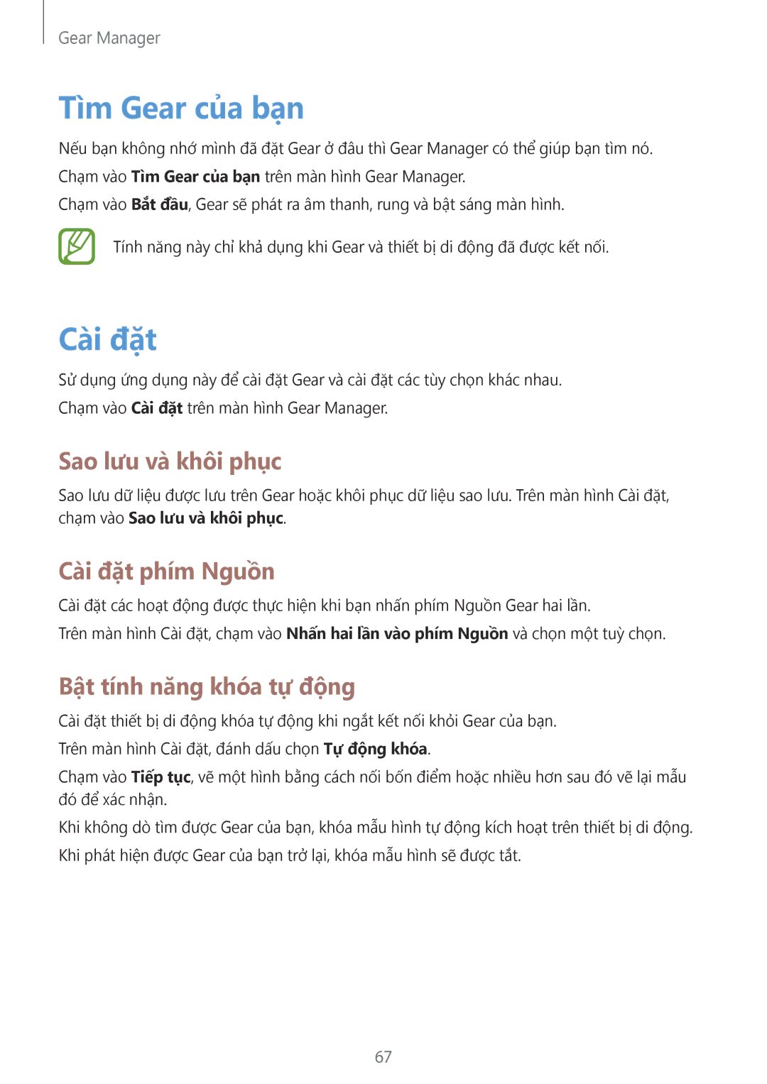Samsung SM-R3810ZKAXXV manual Tìm Gear của bạn, Sao lưu và khôi phục, Cài đặt phí́m Nguồn, Bật tí́nh năng khóa tự động 