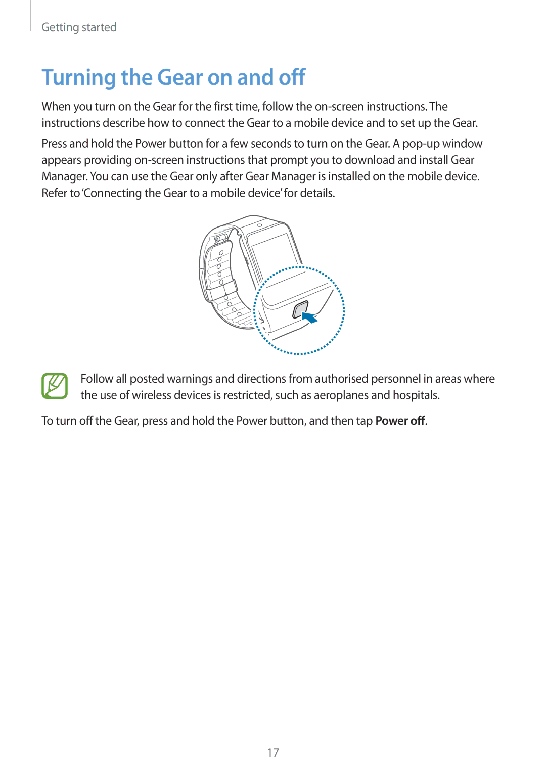 Samsung SM-R3810ZAAEGY, SM-R3810ZOADBT, SM-R3810ZKATPH, SM-R3810ZKAEUR, SM-R3810ZAAATO manual Turning the Gear on and off 