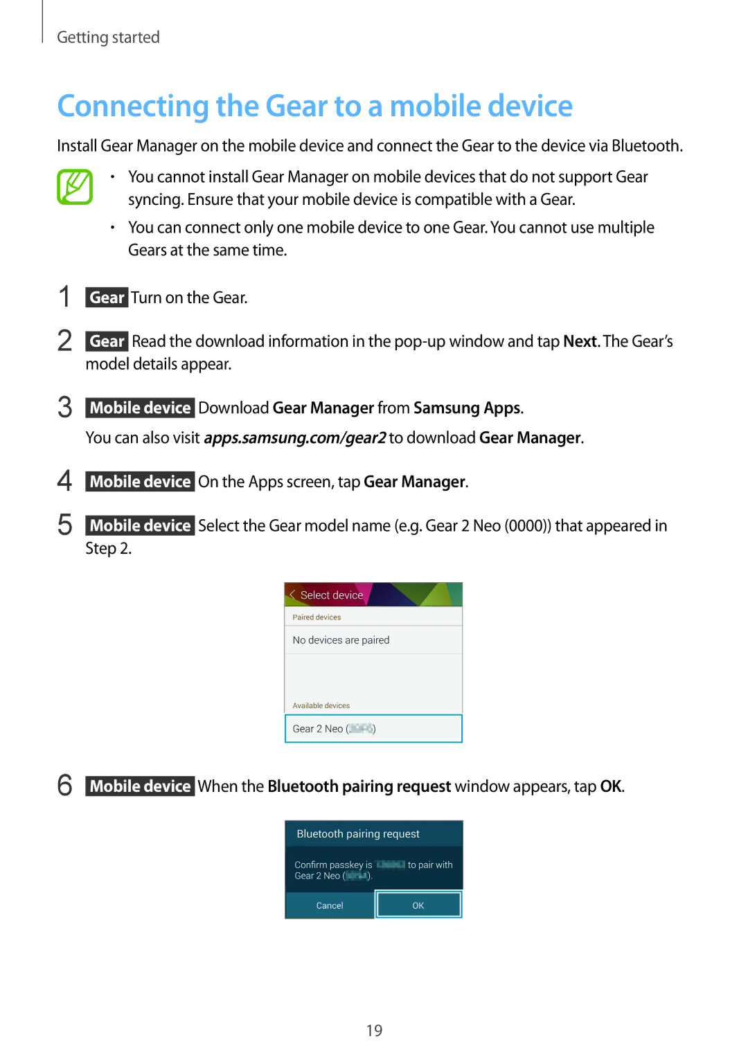 Samsung SM-R3810ZOATMC Connecting the Gear to a mobile device,  Mobile device Download Gear Manager from Samsung Apps 