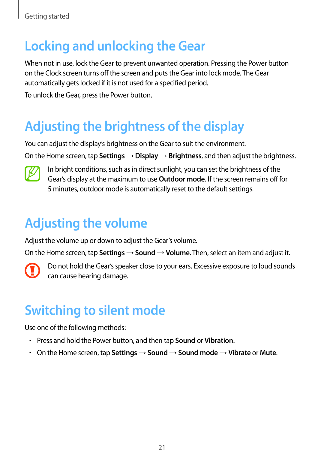 Samsung SM-R3810ZKAXSG manual Locking and unlocking the Gear, Adjusting the brightness of the display, Adjusting the volume 