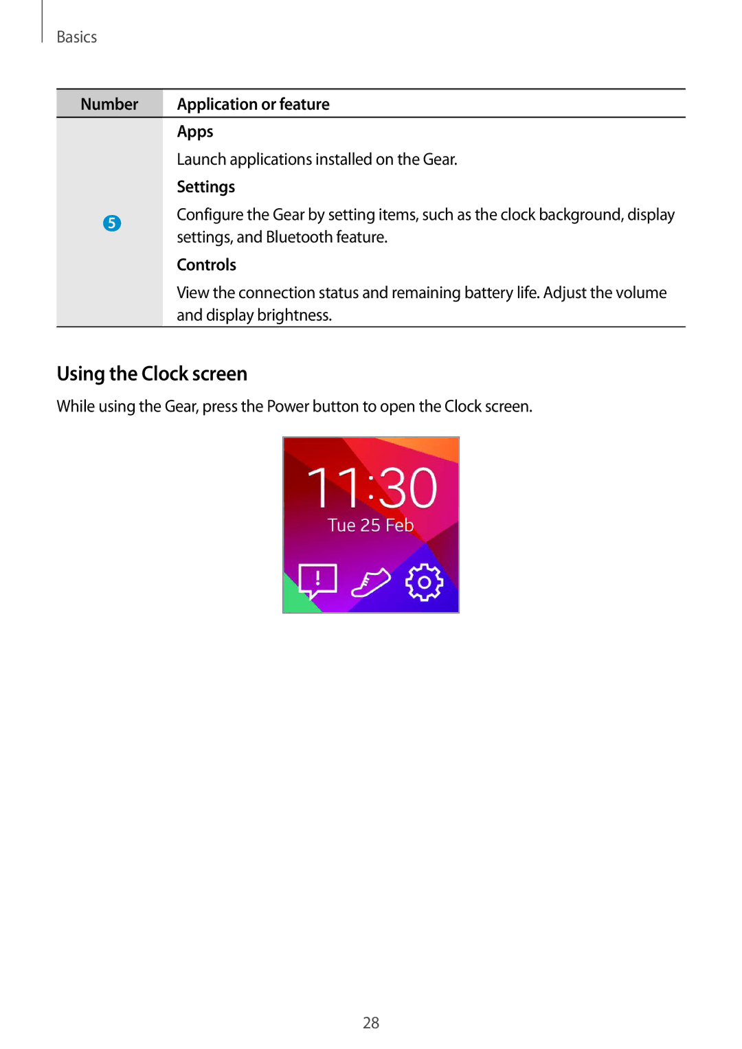 Samsung SM-R3810ZOASEE manual Using the Clock screen, Settings, and Bluetooth feature, Controls, Display brightness 