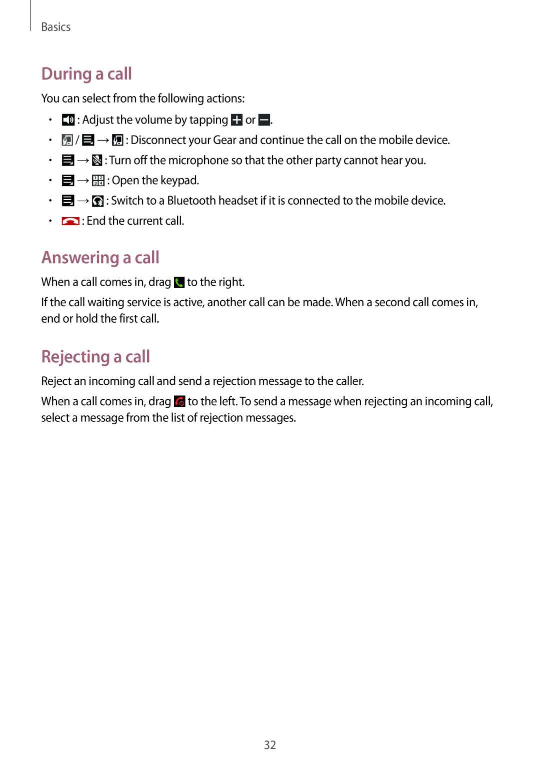 Samsung SM-R3810ZKAKSA, SM-R3810ZOADBT, SM-R3810ZKATPH, SM-R3810ZKAEUR During a call, Answering a call, Rejecting a call 