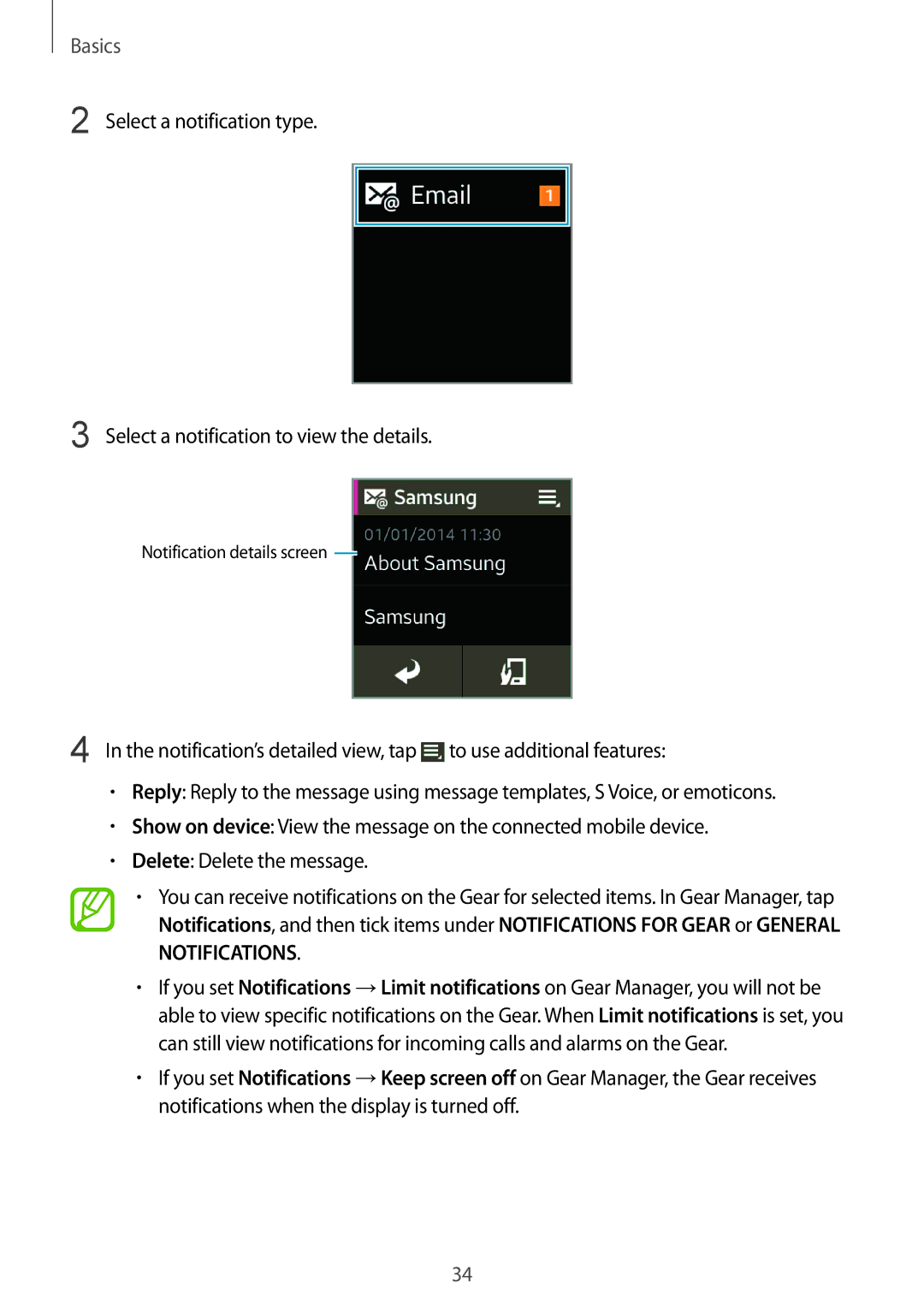 Samsung SM-R3810ZOATHR, SM-R3810ZOADBT, SM-R3810ZKATPH, SM-R3810ZKAEUR, SM-R3810ZAAATO manual Notification’s detailed view, tap 