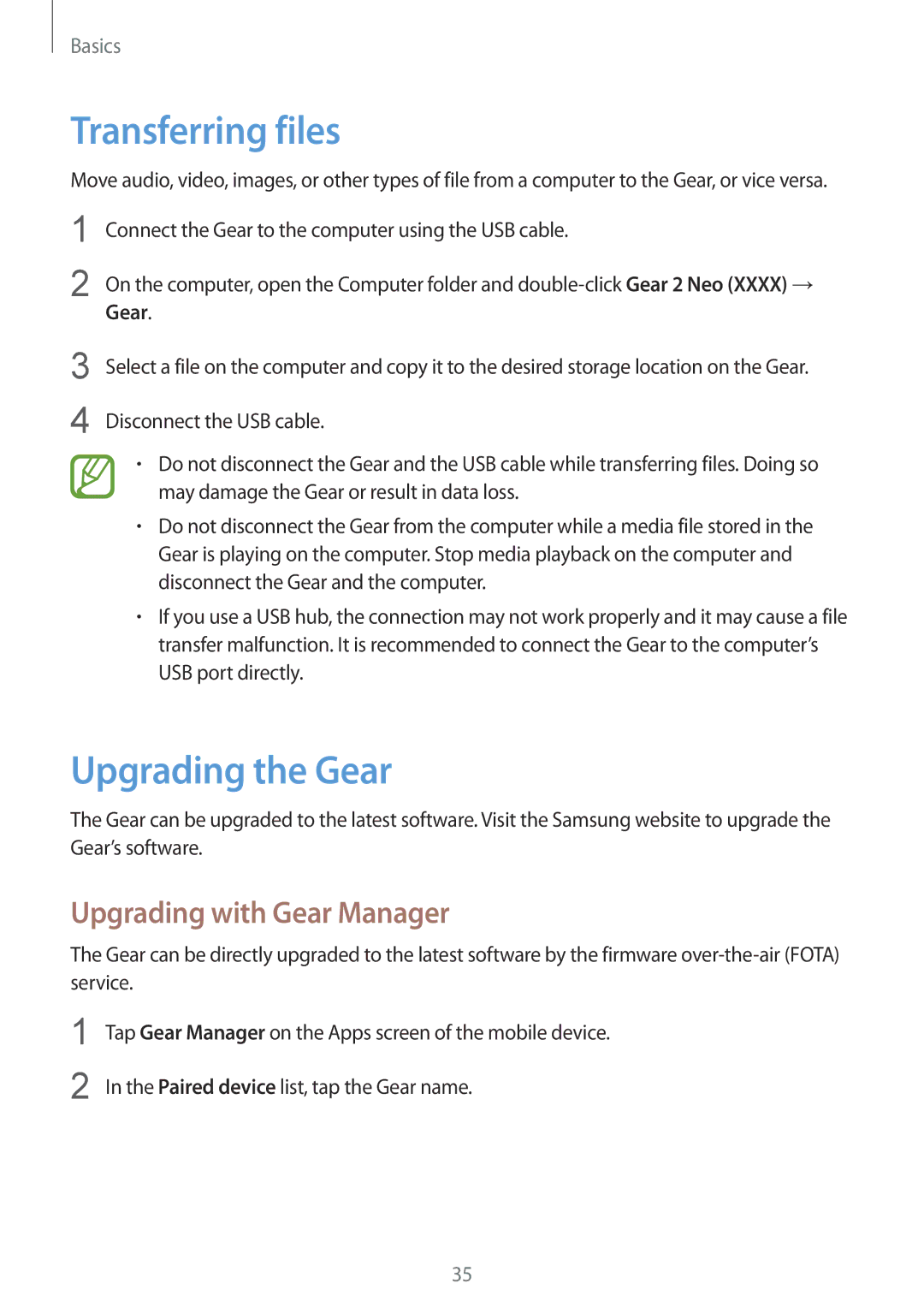 Samsung SM-R3810ZOAEGY, SM-R3810ZOADBT, SM-R3810ZKATPH Transferring files, Upgrading the Gear, Upgrading with Gear Manager 