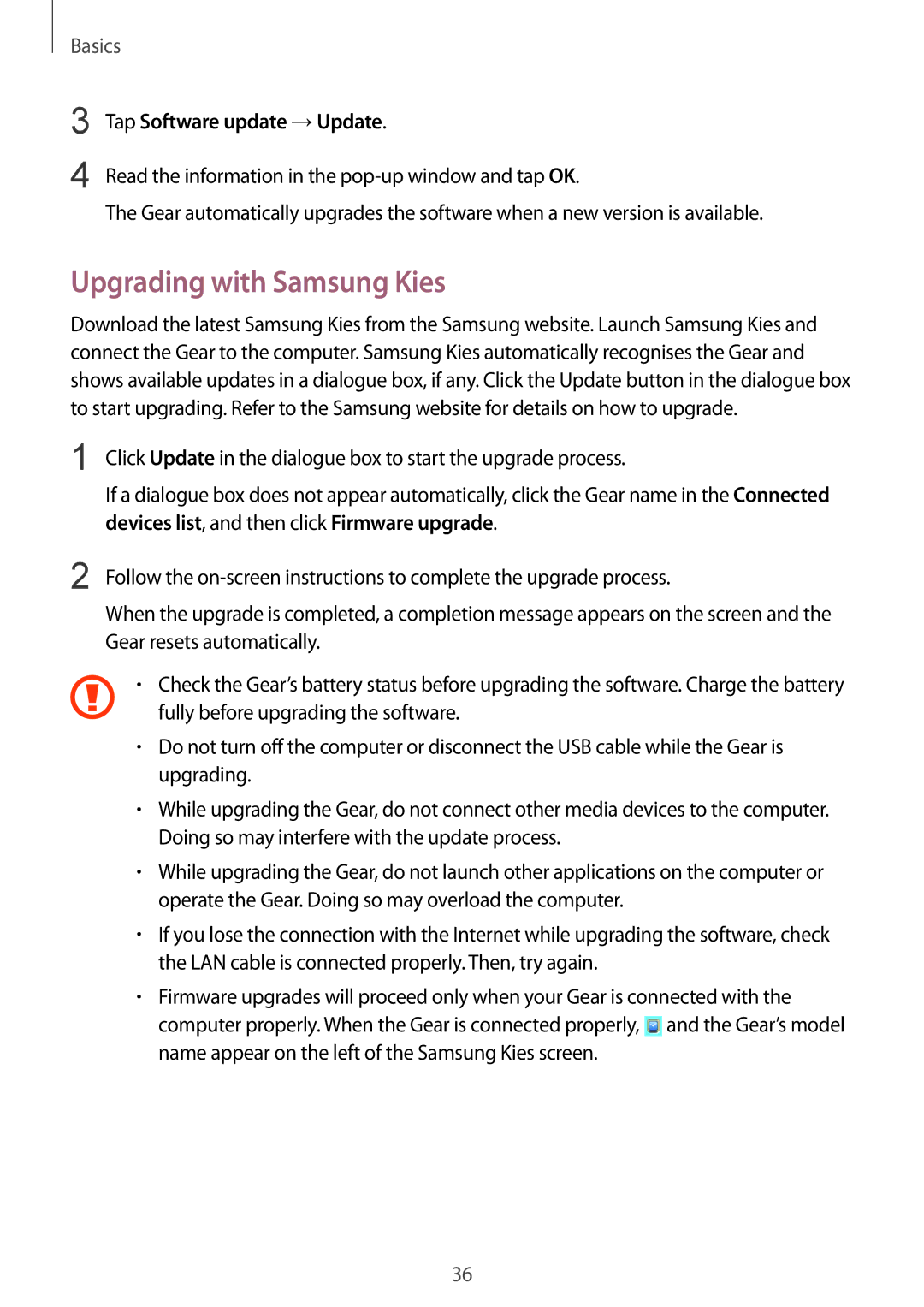 Samsung SM-R3810ZKAXXV, SM-R3810ZOADBT, SM-R3810ZKATPH manual Upgrading with Samsung Kies, Tap Software update →Update 