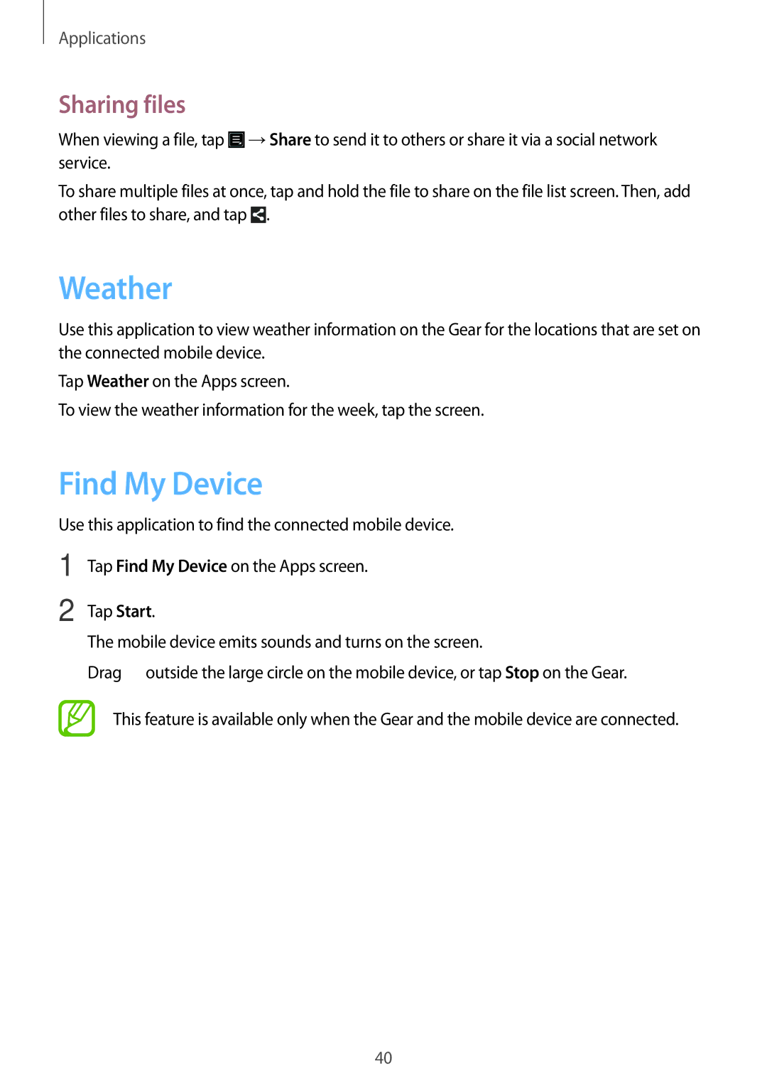 Samsung SM-R3810ZAAXEO, SM-R3810ZOADBT, SM-R3810ZKATPH, SM-R3810ZKAEUR, SM-R3810ZAAATO Weather, Find My Device, Sharing files 