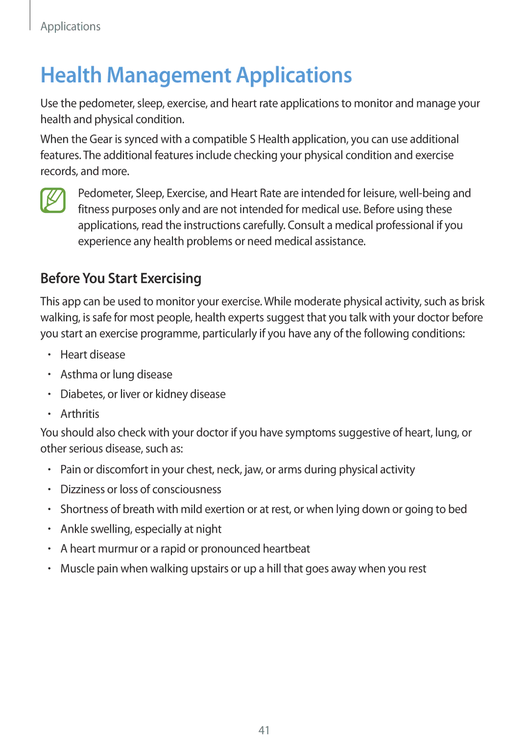 Samsung SM-R3810ZKAXEZ, SM-R3810ZOADBT, SM-R3810ZKATPH manual Health Management Applications, Before You Start Exercising 