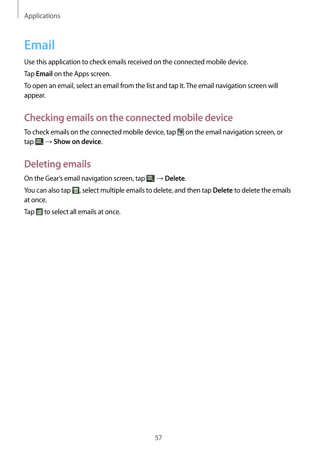 Samsung SM-R3810ZAAILO, SM-R3810ZOADBT, SM-R3810ZKATPH manual Checking emails on the connected mobile device, Deleting emails 