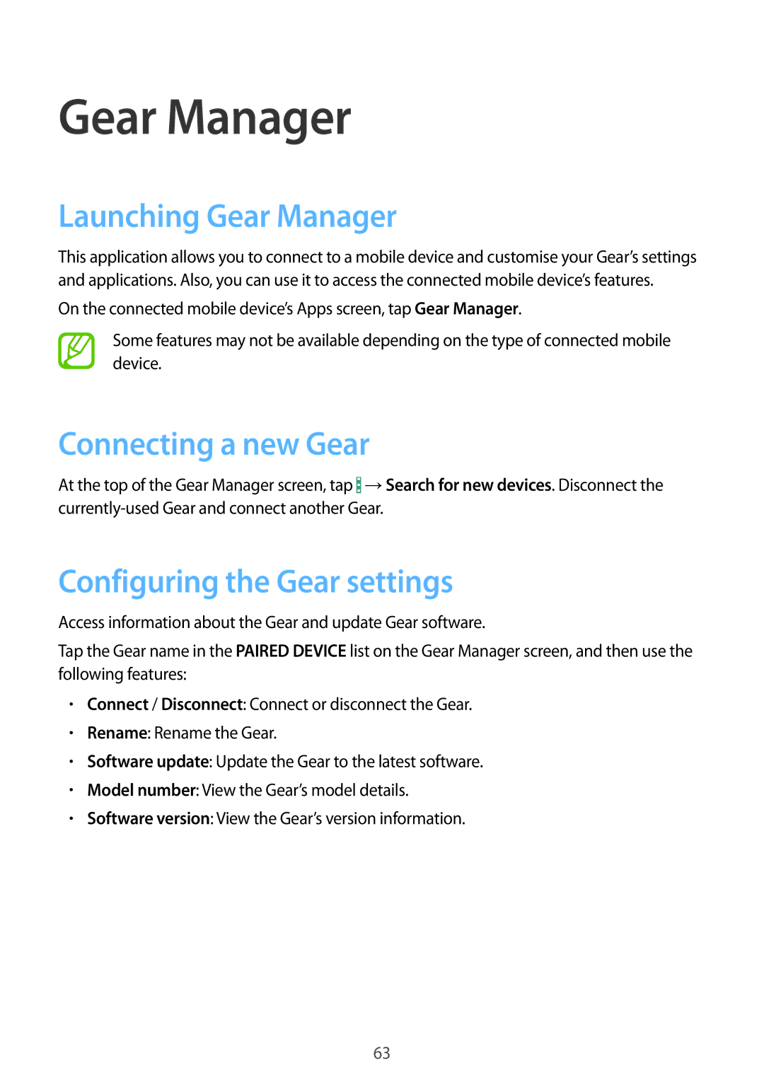 Samsung SM-R3810ZOADBT, SM-R3810ZKATPH Launching Gear Manager, Connecting a new Gear, Configuring the Gear settings 