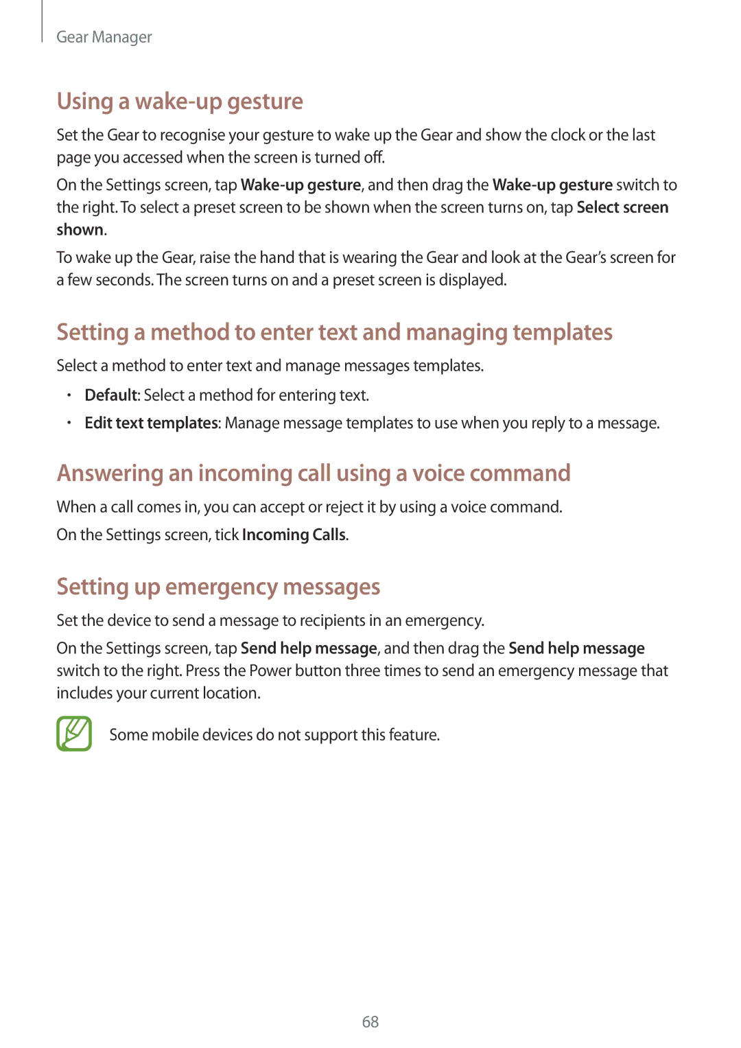 Samsung SM-R3810ZAADBT, SM-R3810ZOADBT manual Using a wake-up gesture, Setting a method to enter text and managing templates 