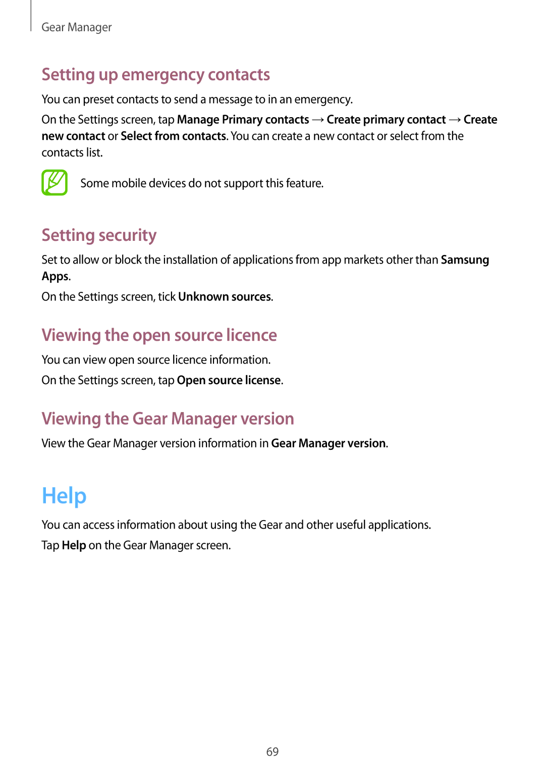 Samsung SM-R3810ZKAATO manual Help, Setting up emergency contacts, Setting security, Viewing the open source licence 