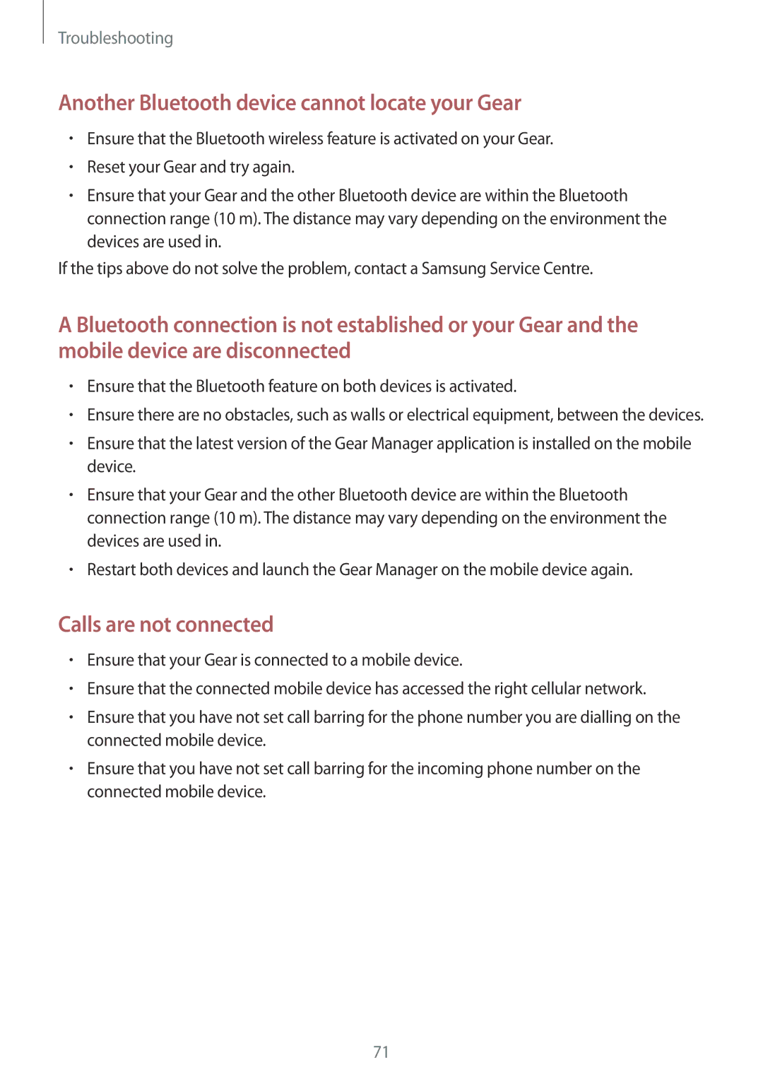 Samsung SM-R3810ZOAXEF, SM-R3810ZOADBT, SM-R3810ZKATPH, SM-R3810ZKAEUR manual Another Bluetooth device cannot locate your Gear 