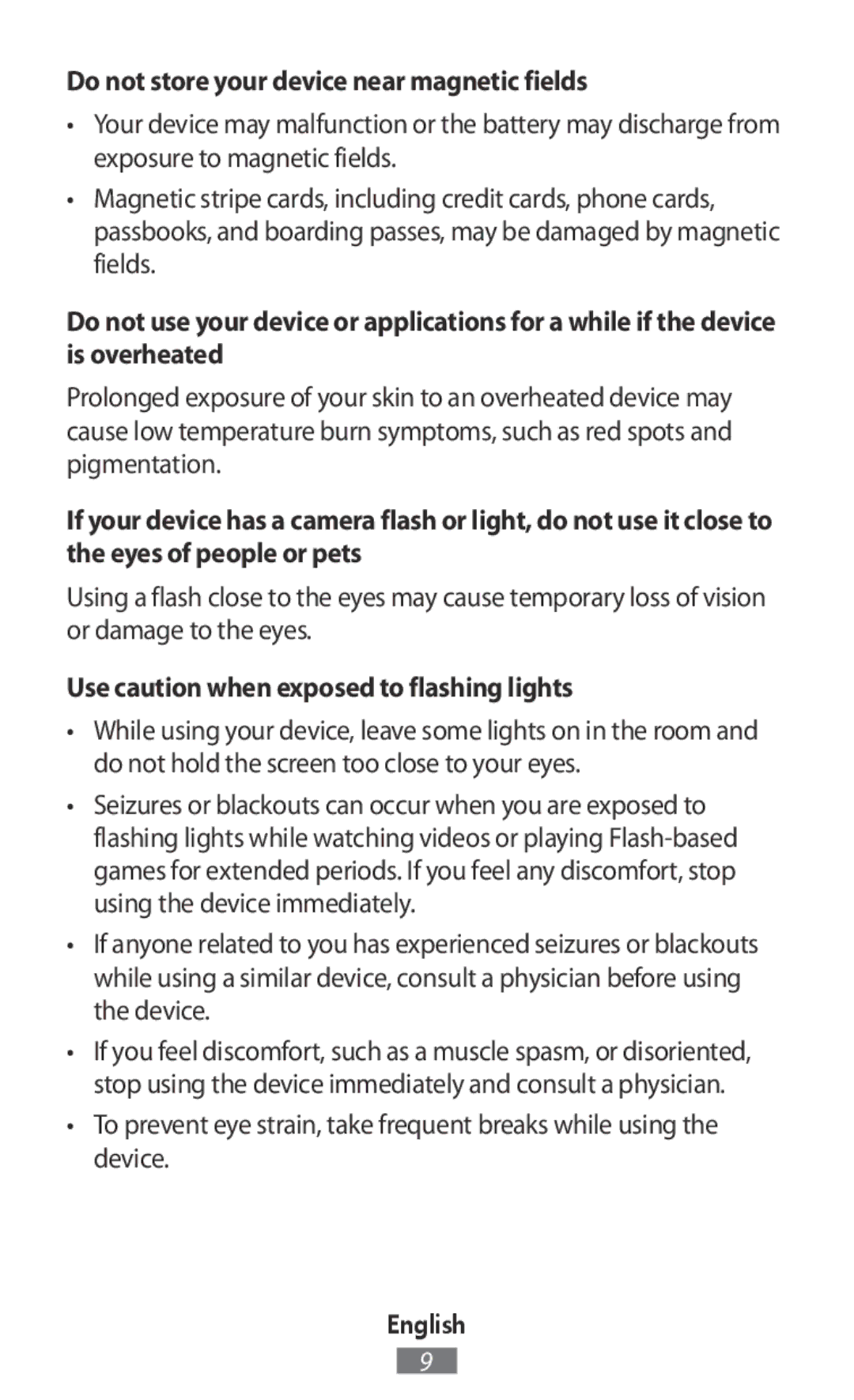 Samsung SM-R3810ZKAITV manual Do not store your device near magnetic fields, Use caution when exposed to flashing lights 