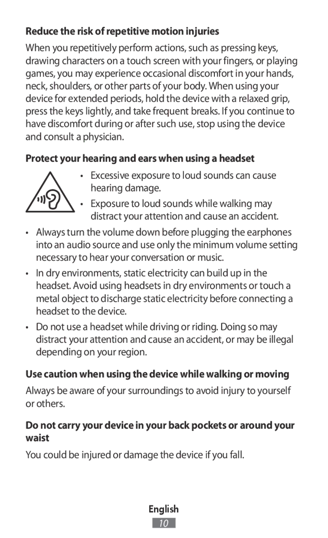 Samsung SM-R3810ZAAITV Reduce the risk of repetitive motion injuries, Protect your hearing and ears when using a headset 