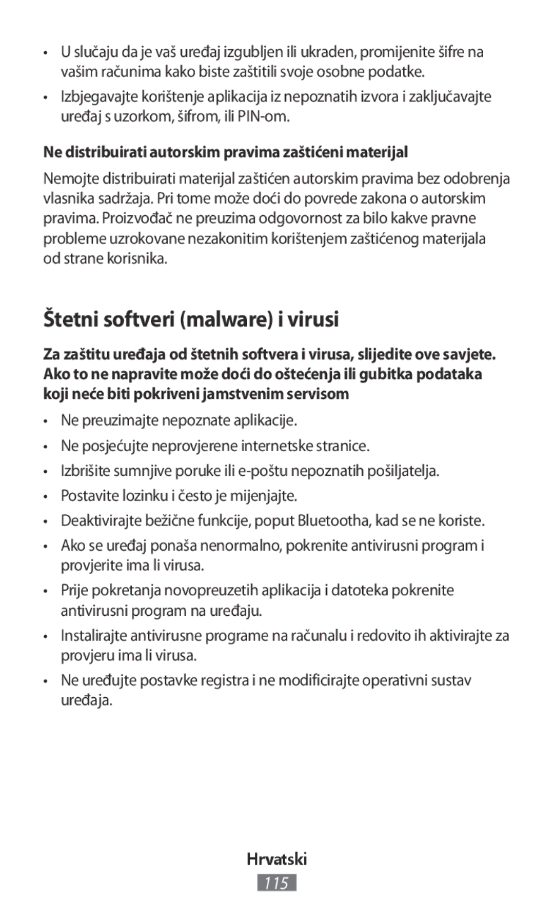 Samsung SM-R3810ZOASEB manual Štetni softveri malware i virusi, Ne distribuirati autorskim pravima zaštićeni materijal 