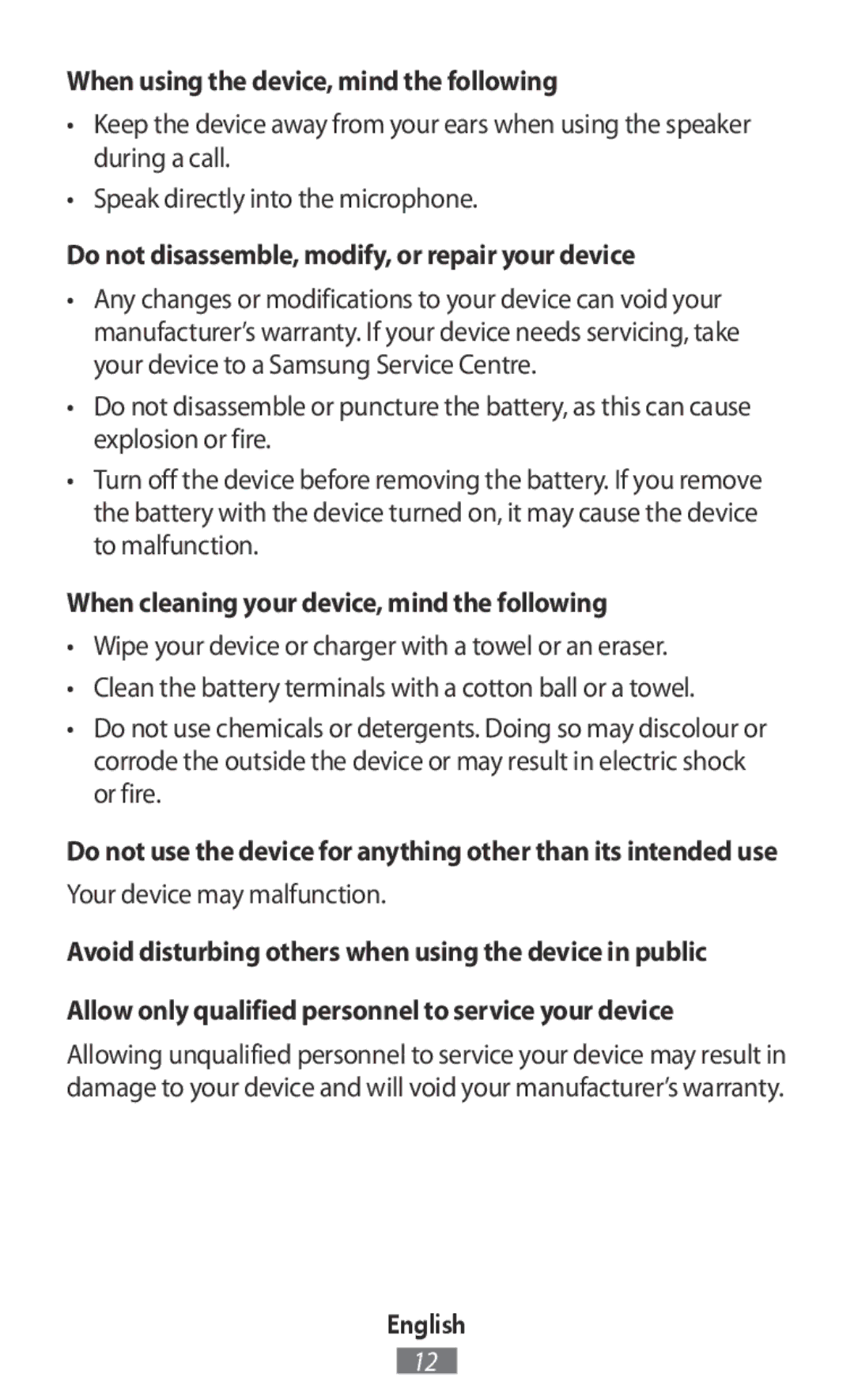 Samsung SM-R3810ZKAPHE manual When using the device, mind the following, Do not disassemble, modify, or repair your device 