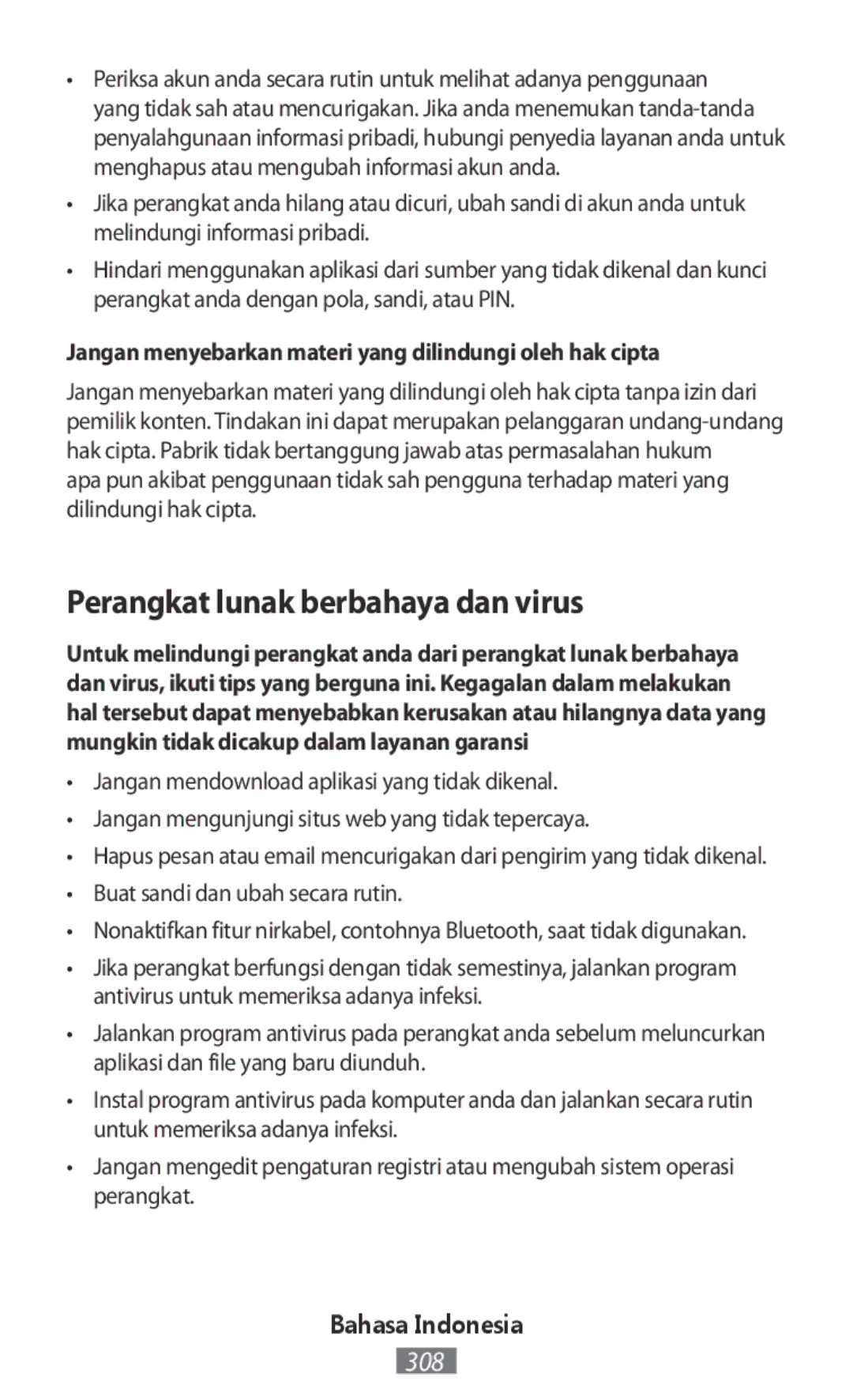 Samsung SM-R3810ZAAILO manual Perangkat lunak berbahaya dan virus, Jangan menyebarkan materi yang dilindungi oleh hak cipta 