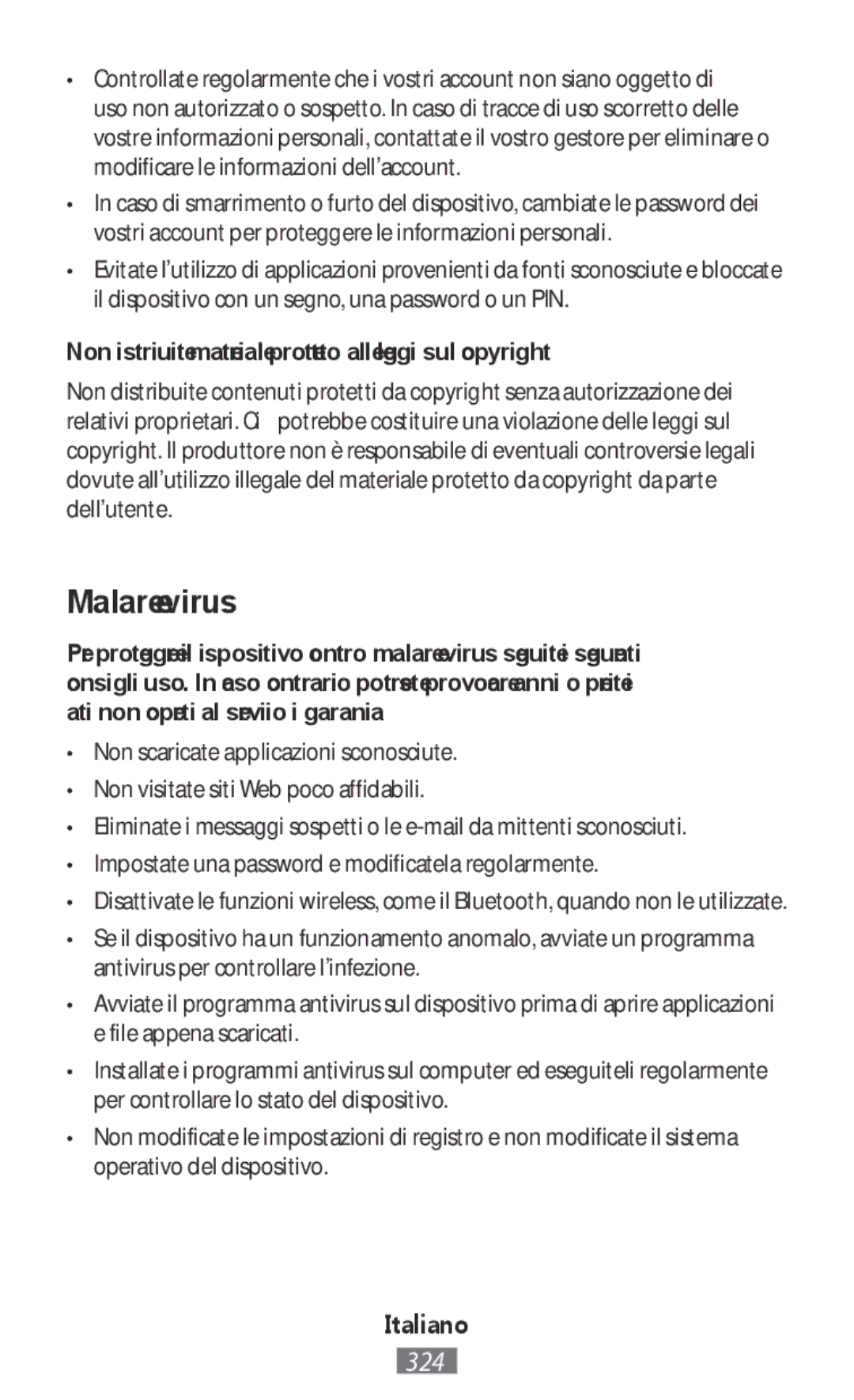 Samsung SM-R3810ZKAITV, SM-R3810ZOADBT manual Malware e virus, Non distribuite materiale protetto dalle leggi sul copyright 