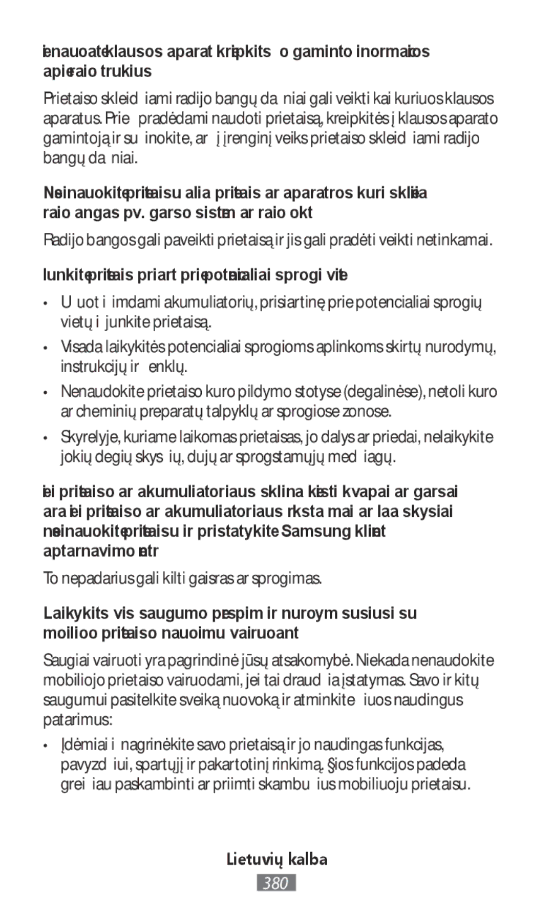 Samsung SM-R3810ZAAATO, SM-R3810ZOADBT, SM-R3810ZKATPH, SM-R3810ZKAEUR manual To nepadarius gali kilti gaisras ar sprogimas 