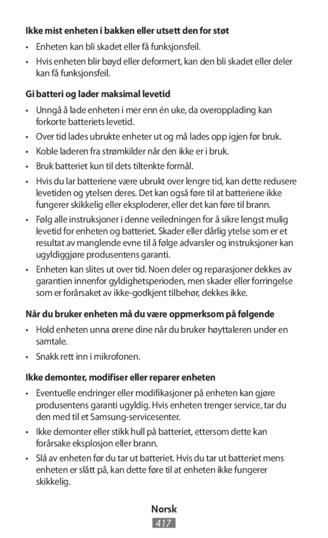 Samsung SM-R3810ZAAXEO manual Ikke mist enheten i bakken eller utsett den for støt, Gi batteri og lader maksimal levetid 