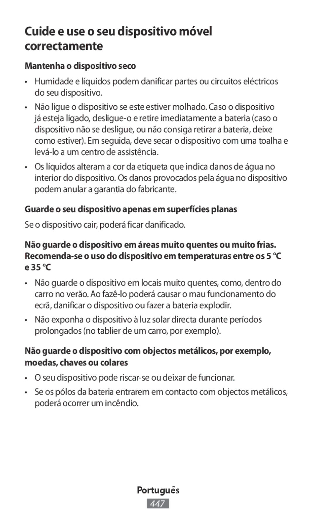 Samsung SM-R3810ZAAXEF, SM-R3810ZOADBT manual Cuide e use o seu dispositivo móvel correctamente, Mantenha o dispositivo seco 