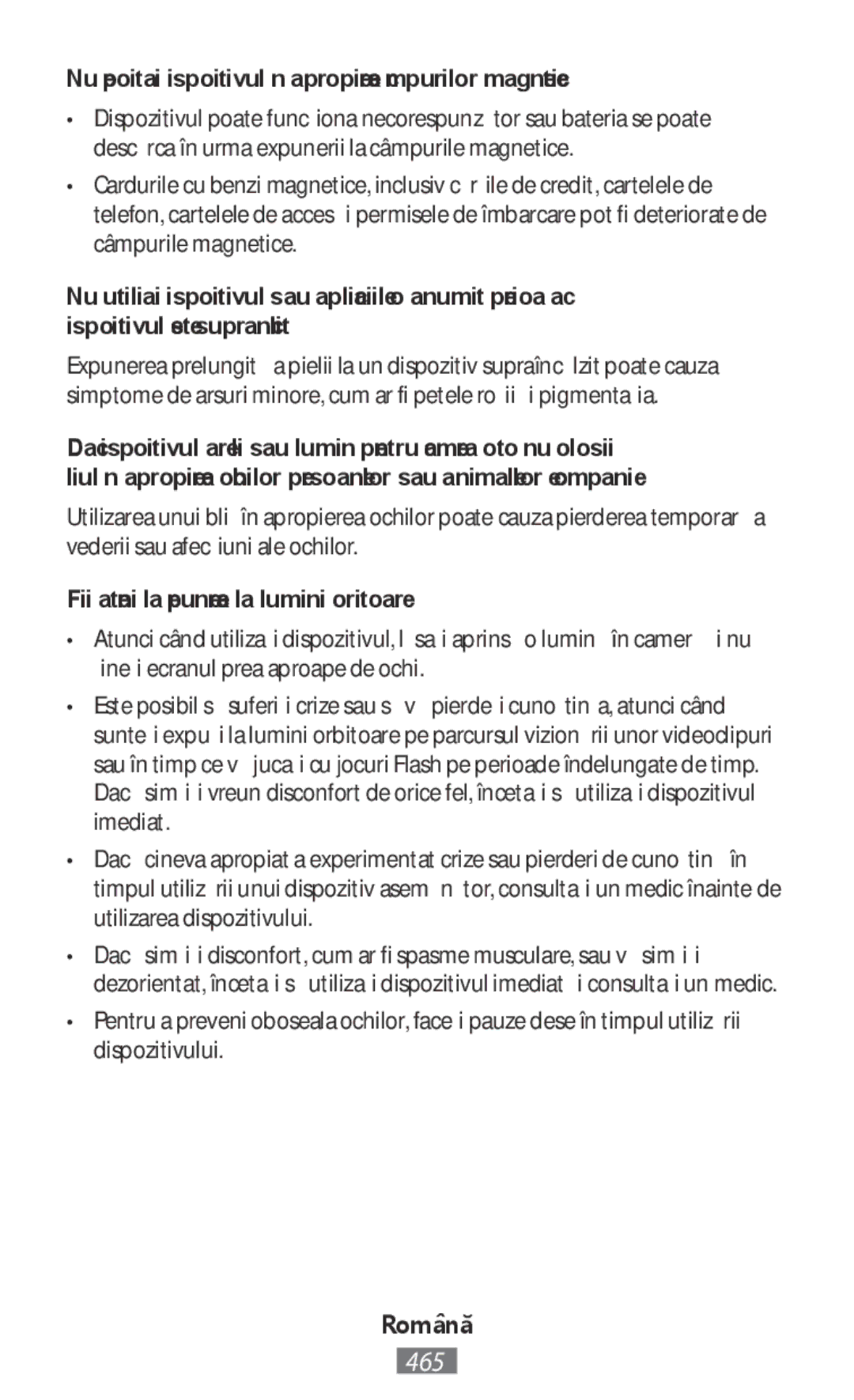 Samsung SM-R3810ZAAKSA, SM-R3810ZOADBT, SM-R3810ZKATPH, SM-R3810ZKAEUR manual Fiţi atenţi la expunerea la lumini orbitoare 