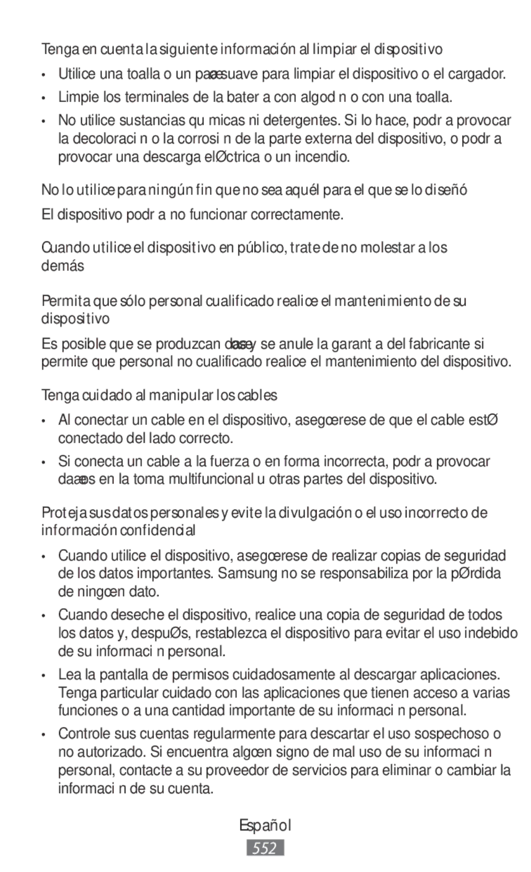 Samsung SM-R3810ZOANEE manual El dispositivo podría no funcionar correctamente, Tenga cuidado al manipular los cables 