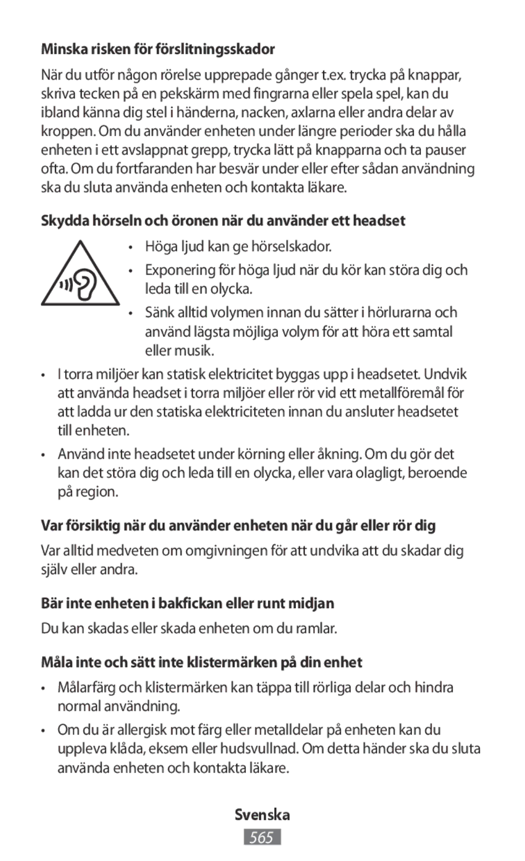 Samsung SM-R3810ZKASER manual Minska risken för förslitningsskador, Skydda hörseln och öronen när du använder ett headset 