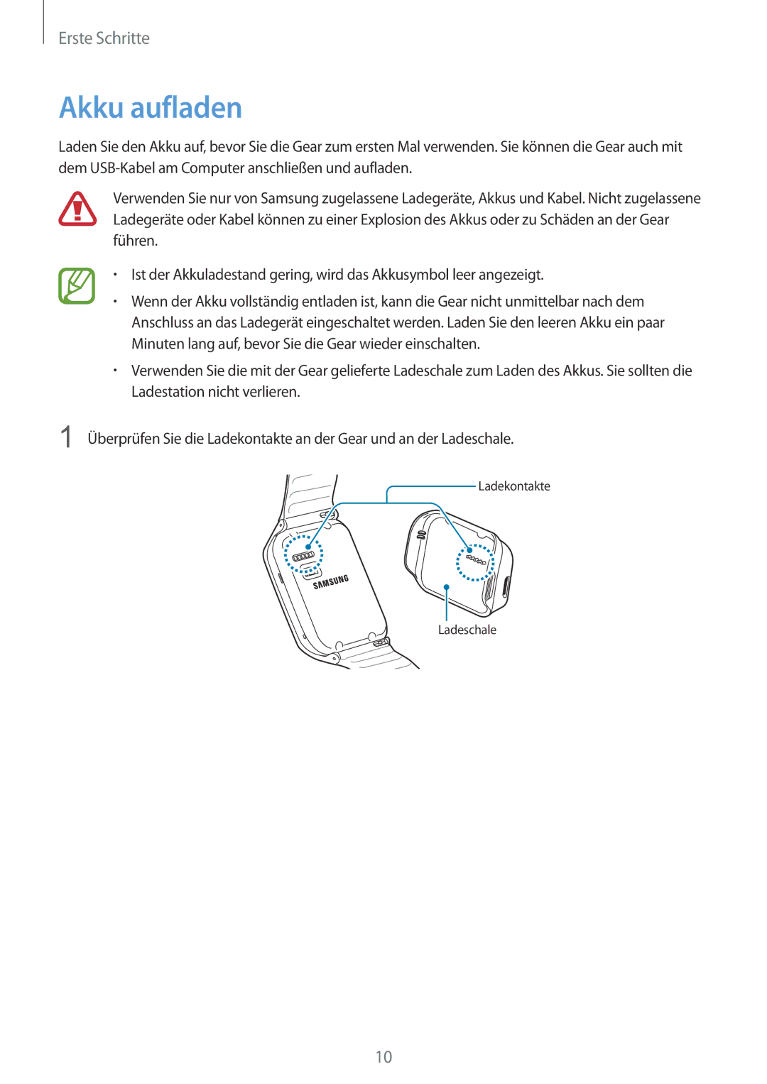 Samsung SM-R3810ZKAEUR, SM-R3810ZOADBT, SM-R3810ZKATPH, SM-R3810ZAAATO, SM-R3810ZKADBT, SM-R3810ZAADBT manual Akku aufladen 