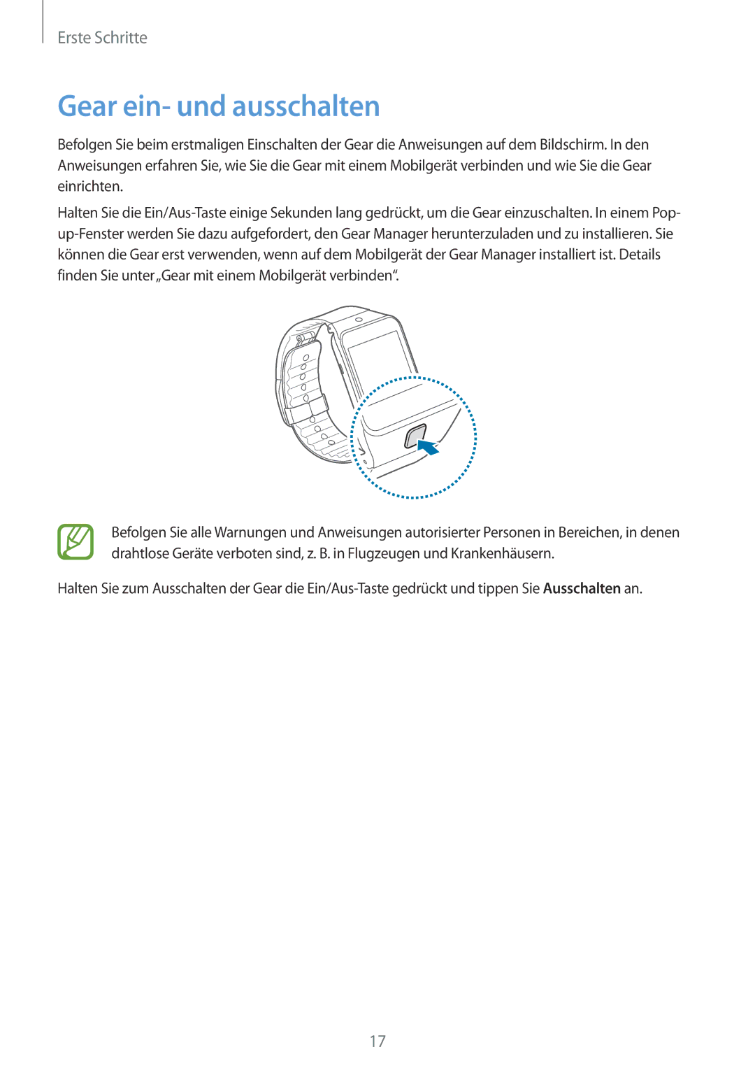 Samsung SM-R3810ZKATPH, SM-R3810ZOADBT, SM-R3810ZKAEUR, SM-R3810ZAAATO, SM-R3810ZKADBT manual Gear ein- und ausschalten 