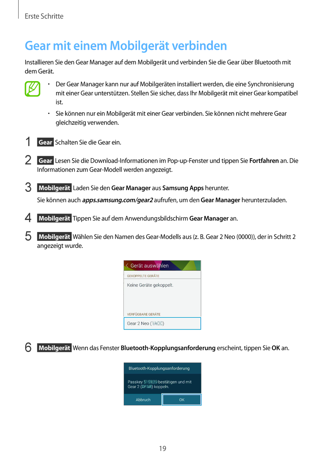 Samsung SM-R3810ZAAATO, SM-R3810ZOADBT, SM-R3810ZKATPH manual Gear mit einem Mobilgerät verbinden, Schalten Sie die Gear ein 