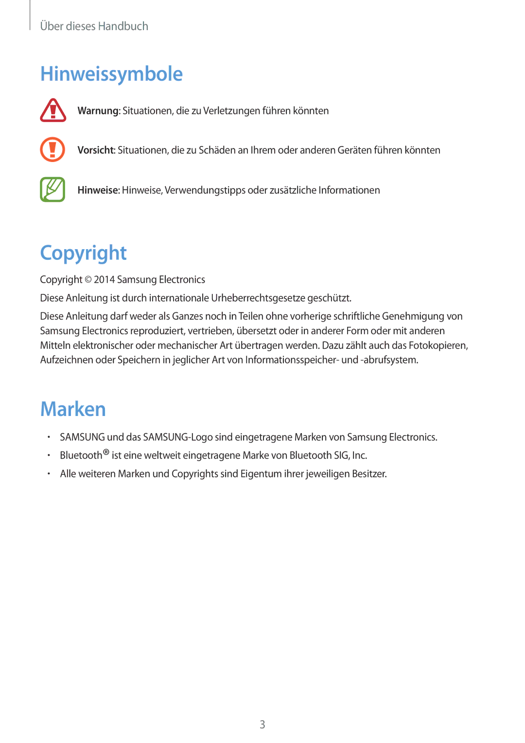 Samsung SM-R3810ZAAATO, SM-R3810ZOADBT, SM-R3810ZKATPH, SM-R3810ZKAEUR, SM-R3810ZKADBT manual Hinweissymbole, Copyright, Marken 