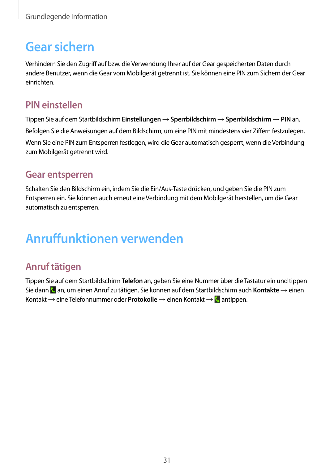 Samsung SM-R3810ZOAXEF manual Gear sichern, Anruffunktionen verwenden, PIN einstellen, Gear entsperren, Anruf tätigen 