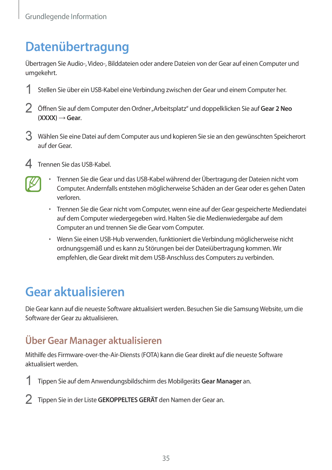 Samsung SM-R3810ZAAATO, SM-R3810ZOADBT manual Datenübertragung, Gear aktualisieren, Über Gear Manager aktualisieren 