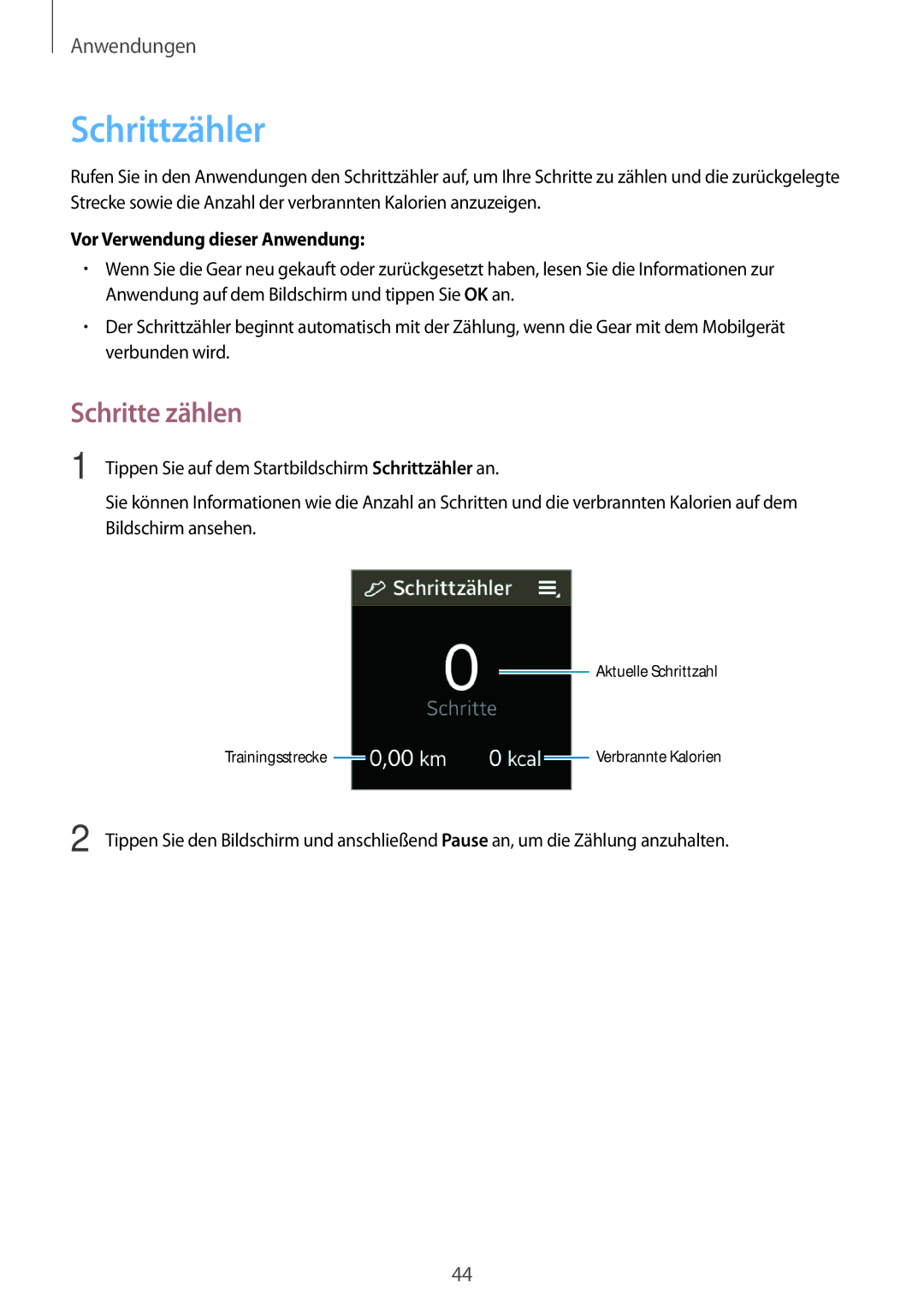 Samsung SM-R3810ZKADBT, SM-R3810ZOADBT, SM-R3810ZKATPH manual Schrittzähler, Schritte zählen, Vor Verwendung dieser Anwendung 