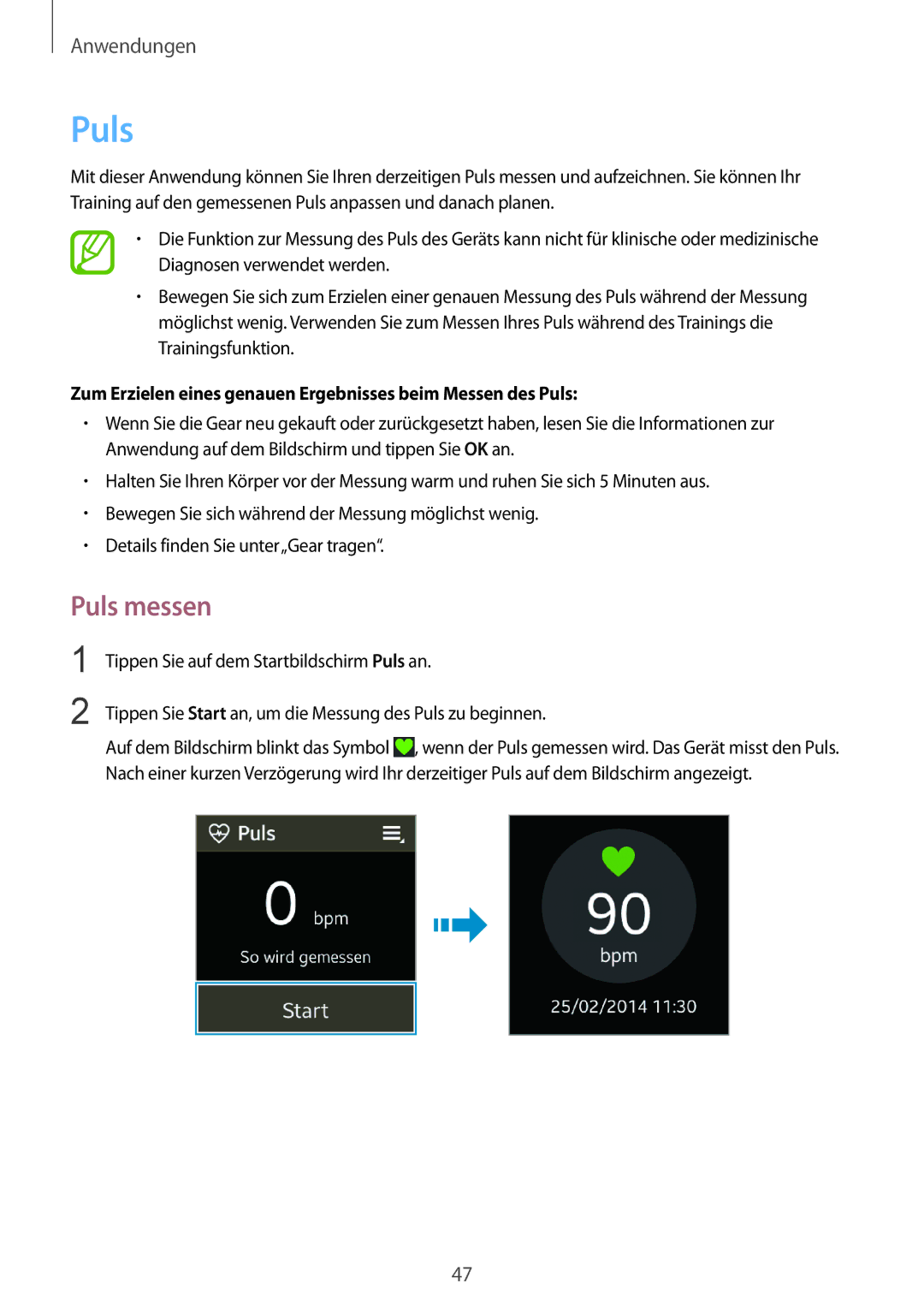 Samsung SM-R3810ZOAXEF, SM-R3810ZOADBT manual Puls messen, Zum Erzielen eines genauen Ergebnisses beim Messen des Puls 