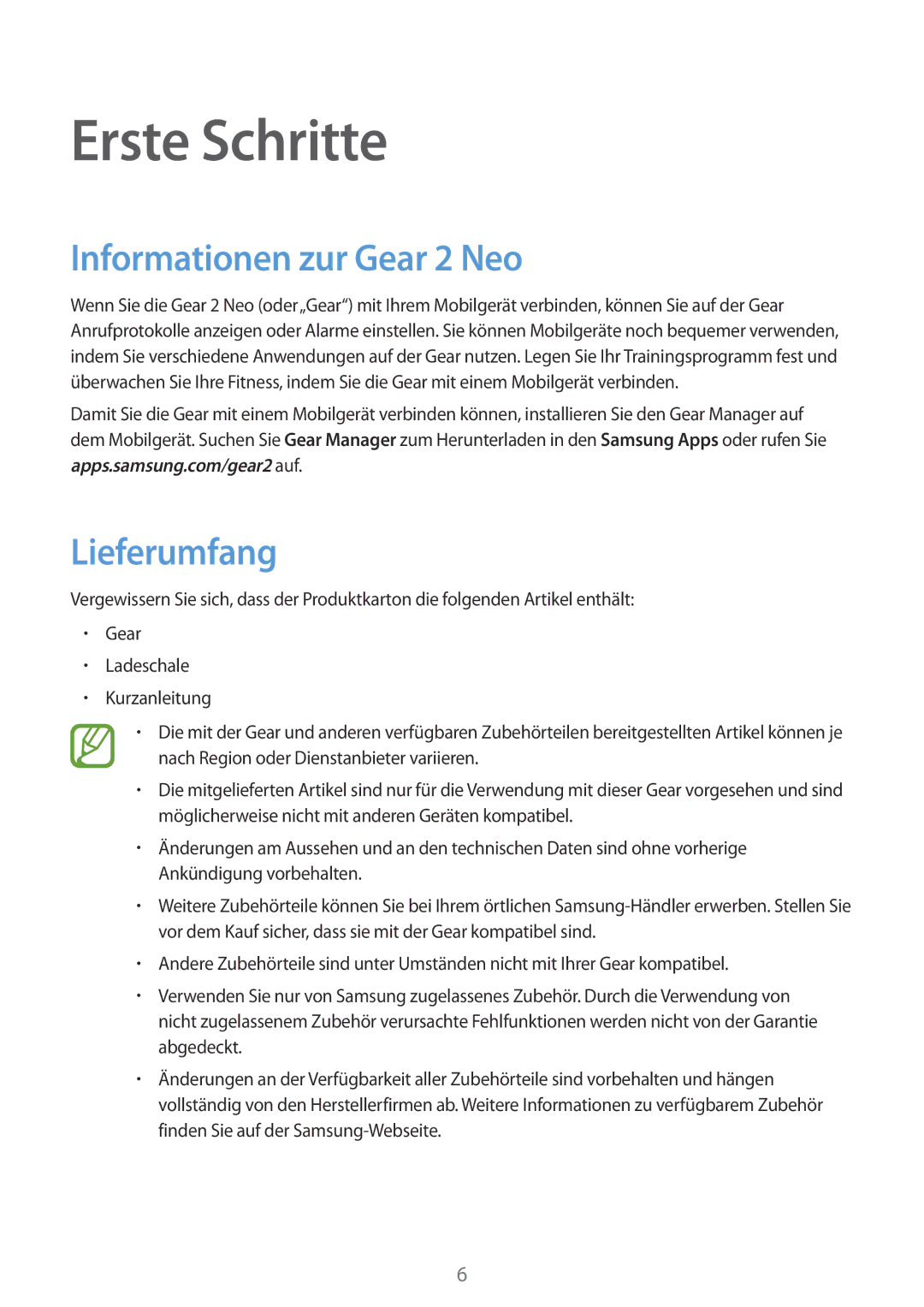 Samsung SM-R3810ZKAATO, SM-R3810ZOADBT, SM-R3810ZKATPH manual Erste Schritte, Informationen zur Gear 2 Neo, Lieferumfang 