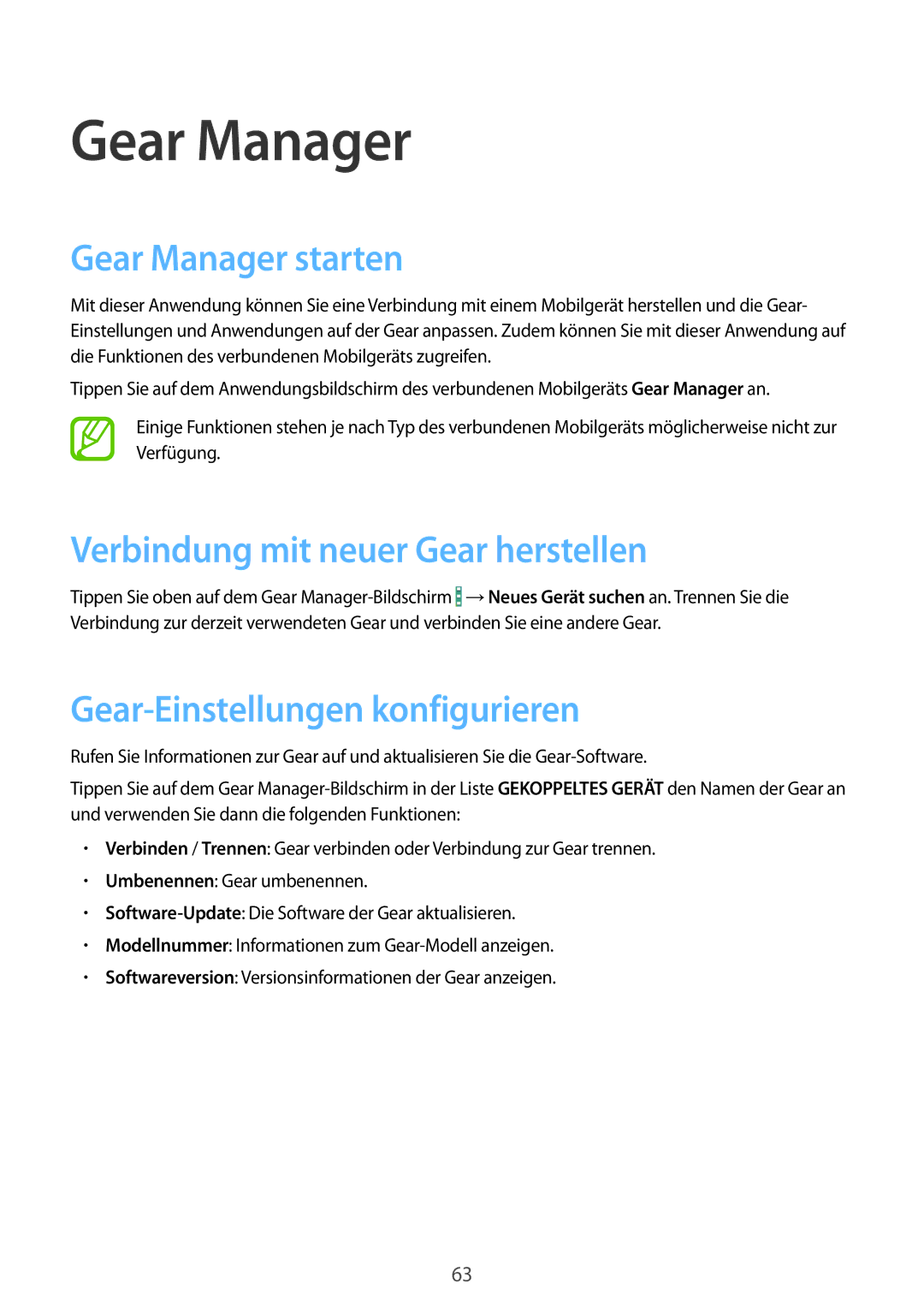 Samsung SM-R3810ZOAXEF Gear Manager starten, Verbindung mit neuer Gear herstellen, Gear-Einstellungen konfigurieren 