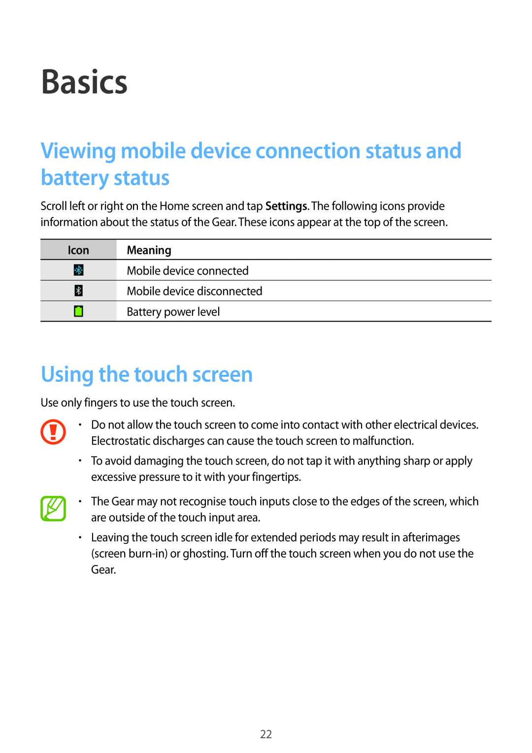 Samsung SM-R3810ZOAXSG manual Basics, Viewing mobile device connection status and battery status, Using the touch screen 