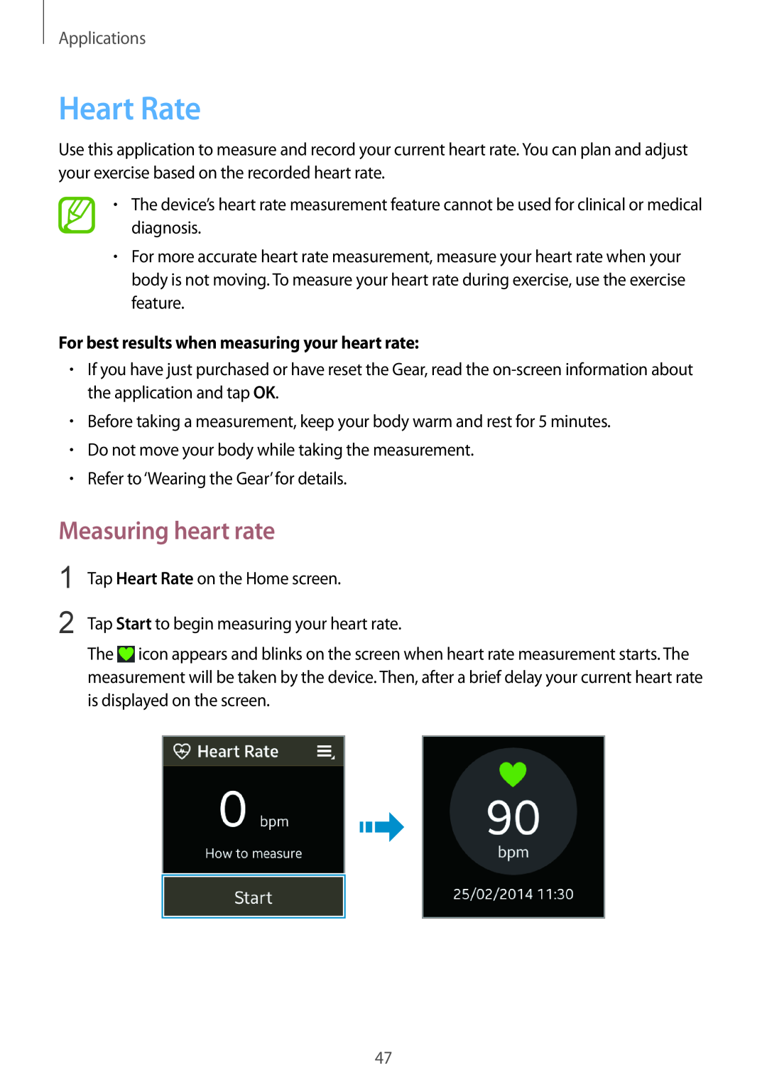 Samsung SM-R3810ZKAXEH, SM-R3810ZOADBT, SM-R3810ZKATPH, SM-R3810ZKAEUR manual Heart Rate, Measuring heart rate, Applications 
