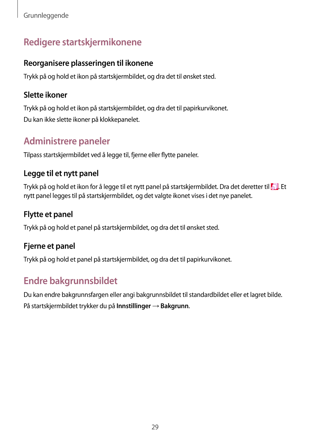 Samsung SM-R3810ZOANEE, SM-R3810ZWANEE manual Redigere startskjermikonene, Administrere paneler, Endre bakgrunnsbildet 